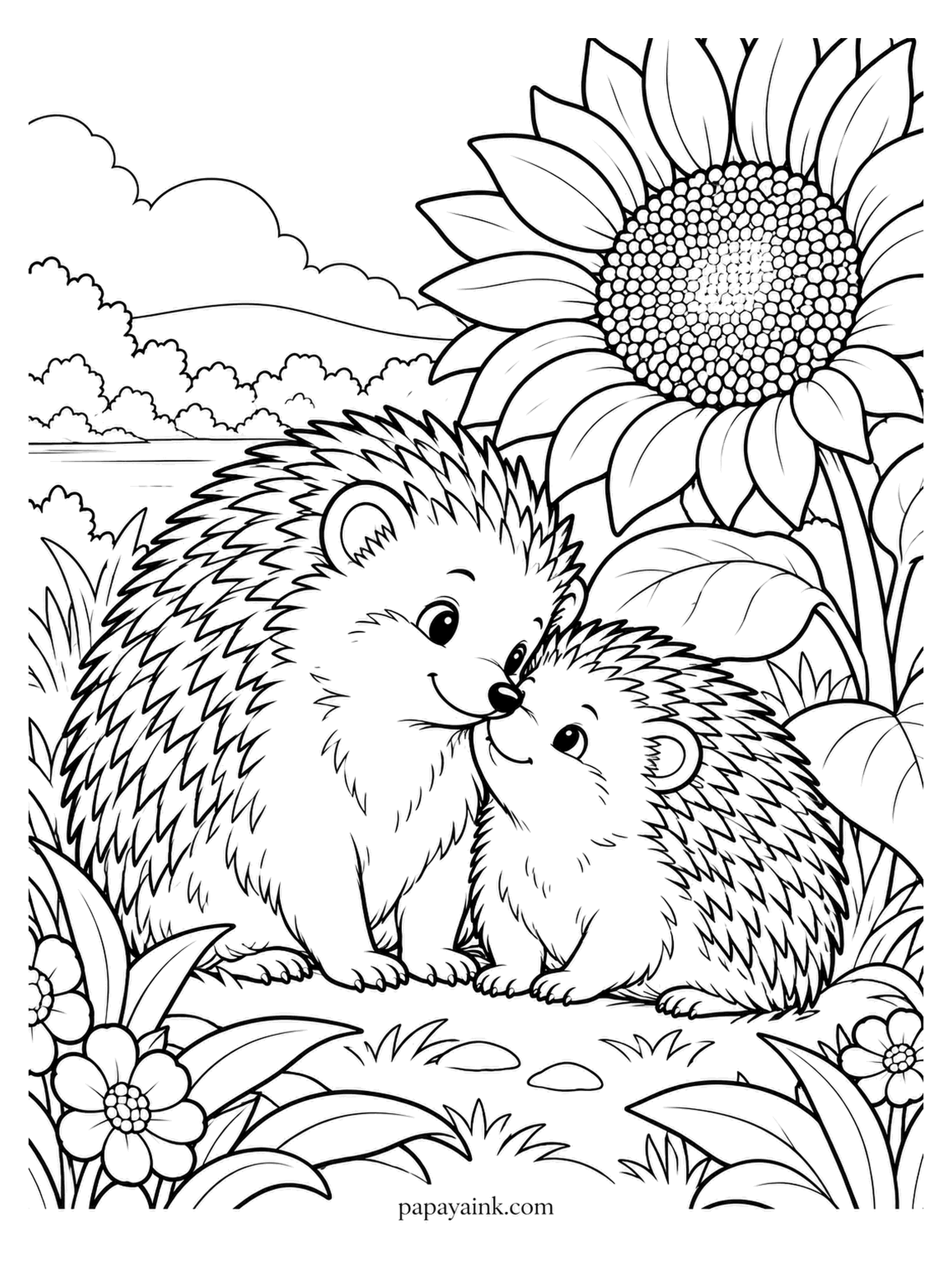 Love Coloring Pages - Beneath a sunflower taller than either of them, the hedgehogs touch noses as clouds sail past. Every spine is drawn separately, which is good news for anyone who likes a long sit with fine-tip pens. Detailed.