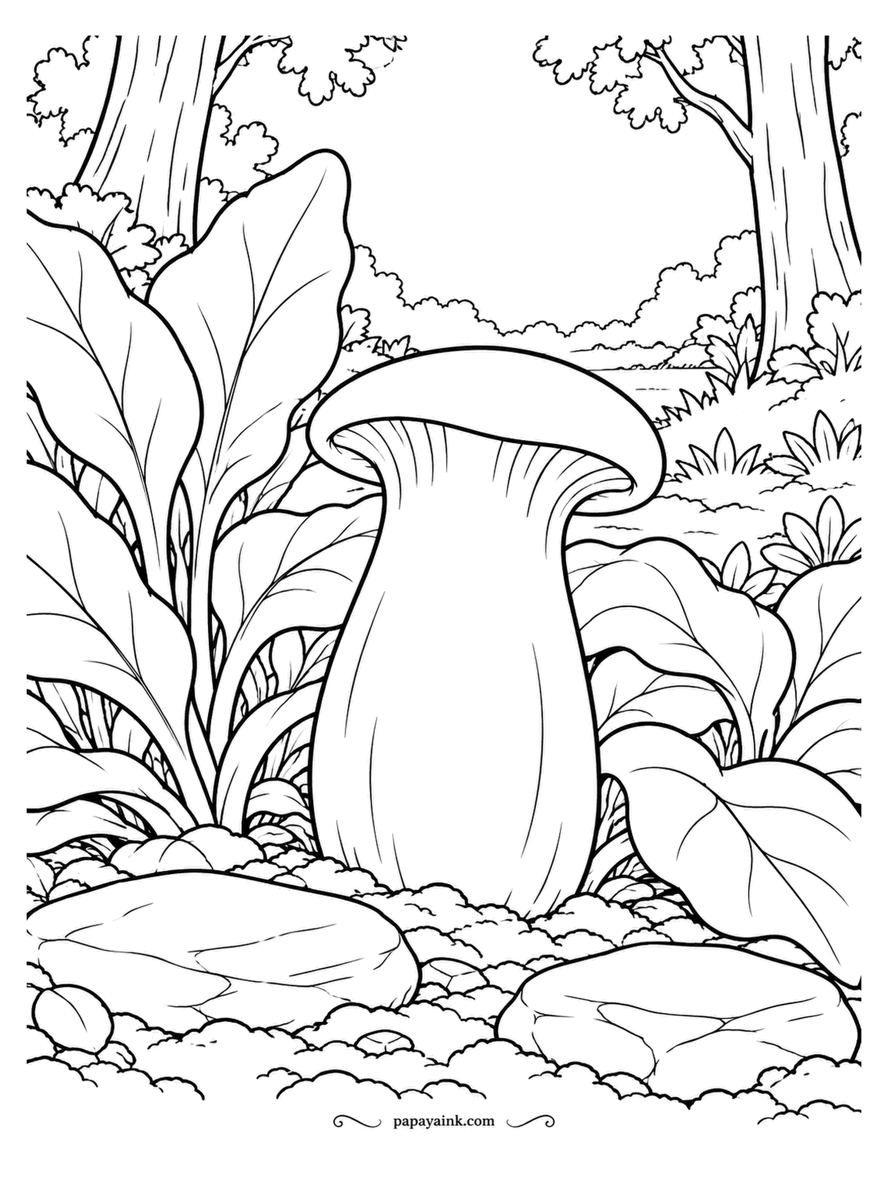 Mushroom Coloring Pages - One king oyster where the forest opens into a clearing. It is the largest of the oyster mushrooms and most of that size is stem, thick and pale, with a small tan cap on top like a lid.
