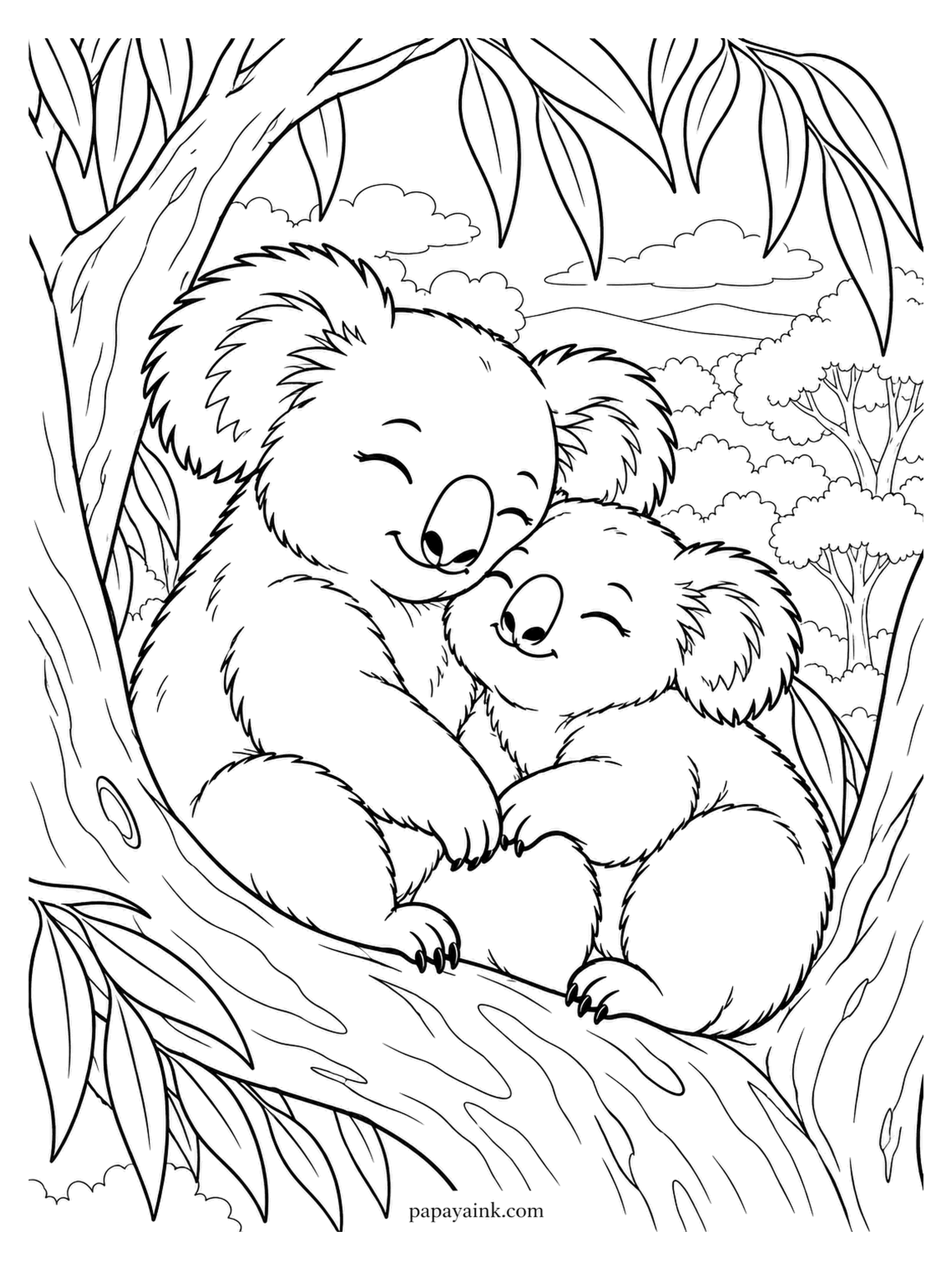 Love Coloring Pages - Koalas doze away nearly the whole day, and this pair is spending what is left of it cuddled in the fork of a eucalyptus. Long leaves hang overhead. Ash-grey coats, dark noses, blue-green for the gum leaves.