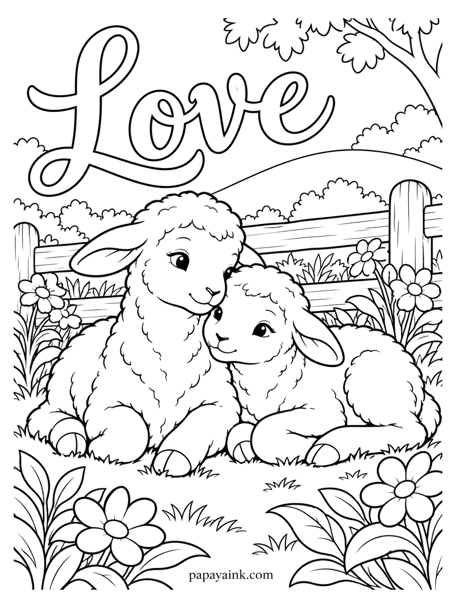 Love Coloring Pages - Lambs at a flower-lined fence, the smaller one leaning in while the larger keeps watch over the daisies. Love is spelled out in big ribbon letters across the sky. Leave the wool uncolored and put the color into the field.