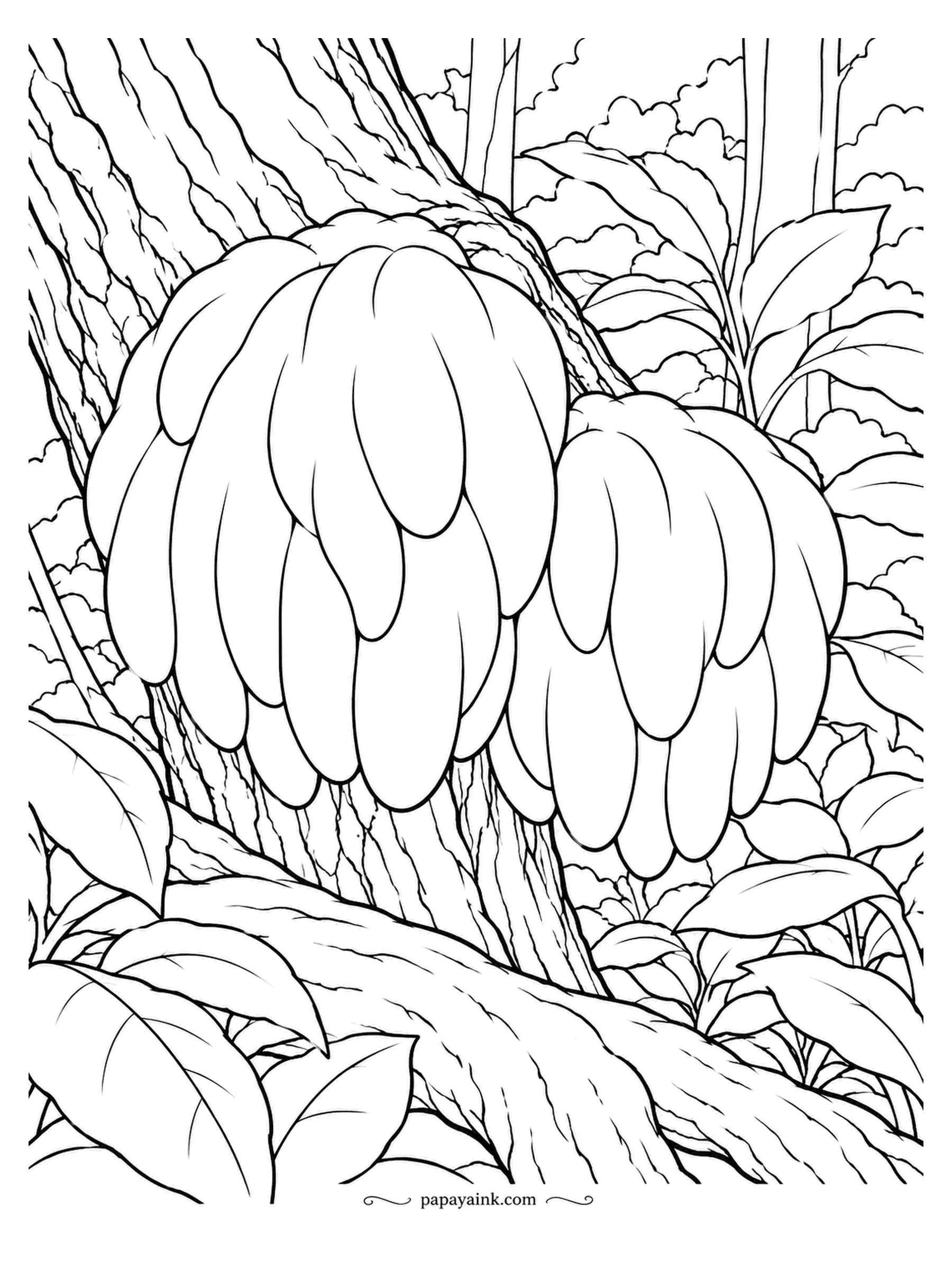 Mushroom Coloring Pages - Split into two lobes where a branch meets the trunk, this lion's mane has spines drooping like a wet mop. Shade each spine individually and the whole thing starts to look soft. Mostly white, so the bark and leaves carry the color.