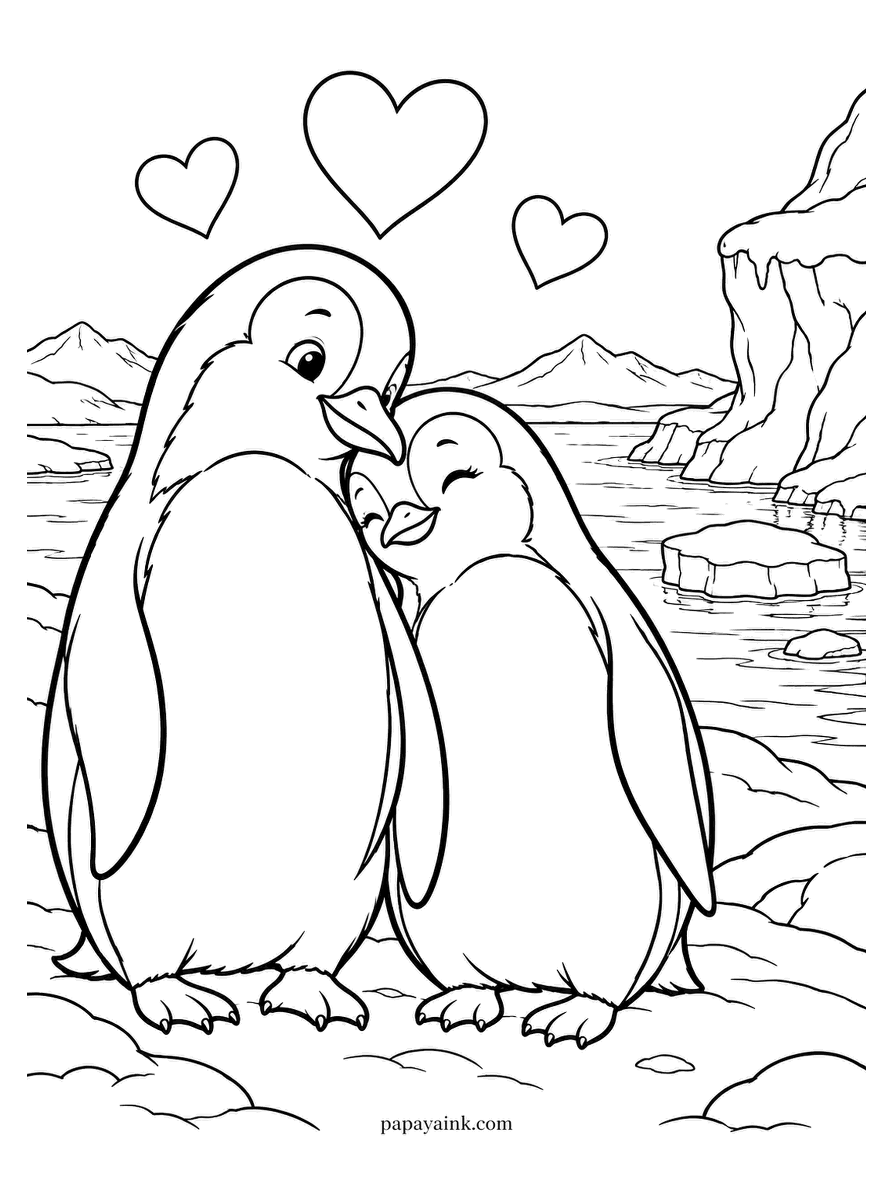 Love Coloring Pages - Leaning together on the shore of a snowy cove, the penguins watch hearts rise as pack ice drifts in the bay. Black backs, white fronts and a blue sea - the simplest palette in this collection and still one of the best.