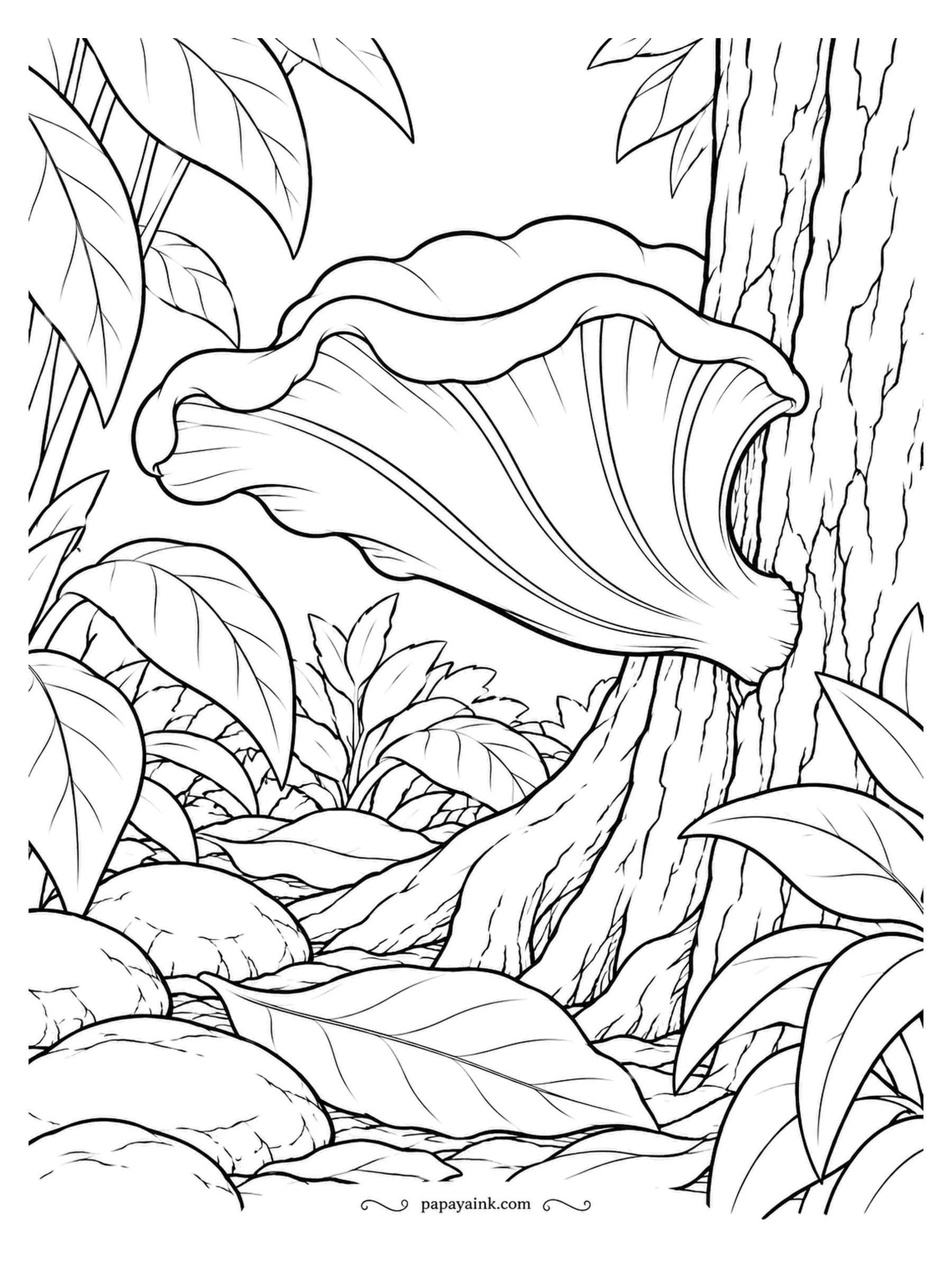 Mushroom Coloring Pages - Seen from the side, one pink oyster with its ruffled edge curling like a wave about to break. The stem attaches off center, the way oysters grow from wood. Only one object to color, so take your time with the pink.