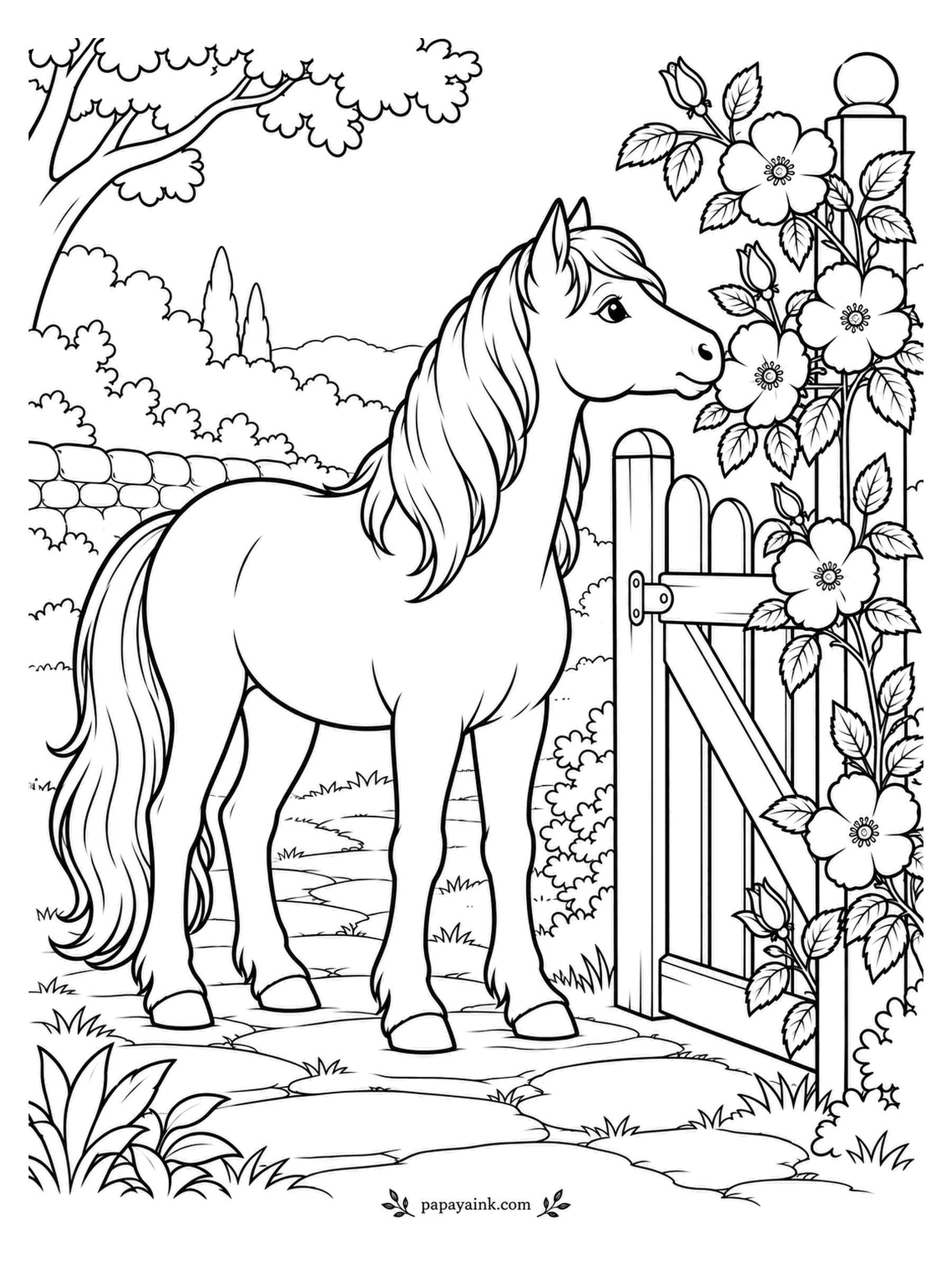 Rose Coloring Pages - Gate wide open, and still the pony prefers the gatepost: a wild rose grows there at exactly nose height. A winding path and distant trees run off behind. Let the long mane and tail flow in loose strokes.