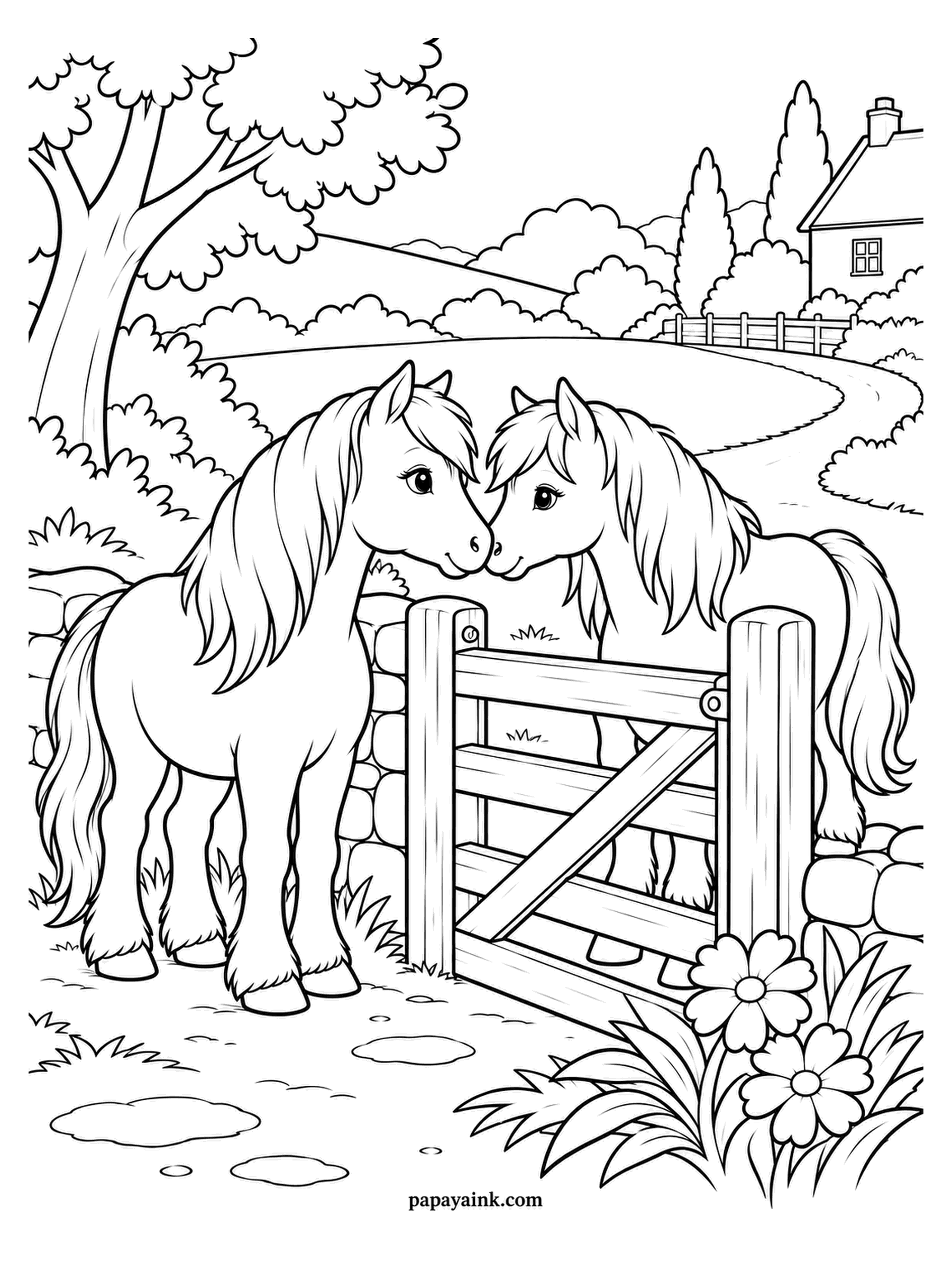 Love Coloring Pages - Over a low wooden gate, two shaggy ponies meet muzzle to muzzle, neither one willing to be the first to walk around it. A farmhouse and a curving lane sit on the hill. Long manes and forelocks invite streaky pencil work.