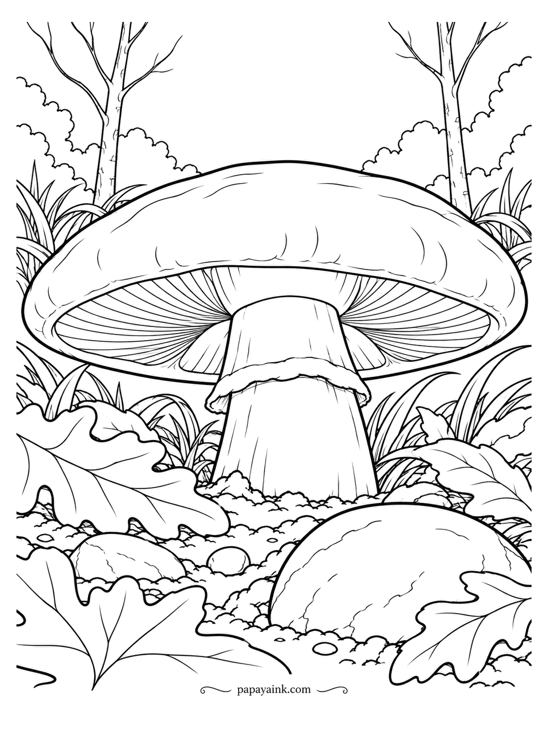 Mushroom Coloring Pages - One portobello the size of a dinner plate, alone at the edge of the woods. It is simply a cremini that was allowed to grow up, hence the flat open cap and exposed gills. Dark brown gills under a tan cap is the classic look.