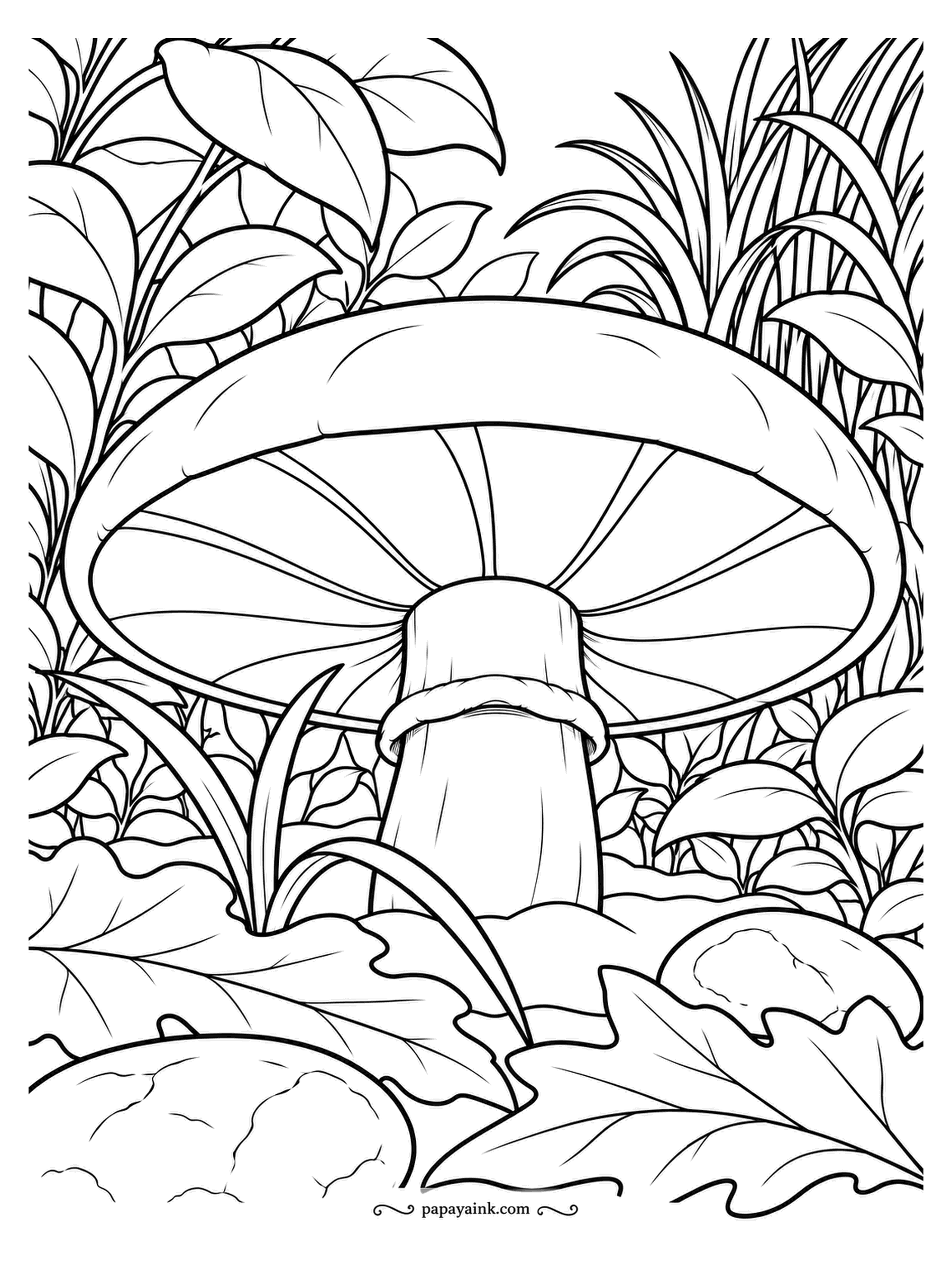 Mushroom Coloring Pages - Ground level, looking up into the gills of a portobello. The ring around the stem is what is left of the veil that once covered them. Deep brown gills, a lighter cap, and grass closing in on every side. Detailed.