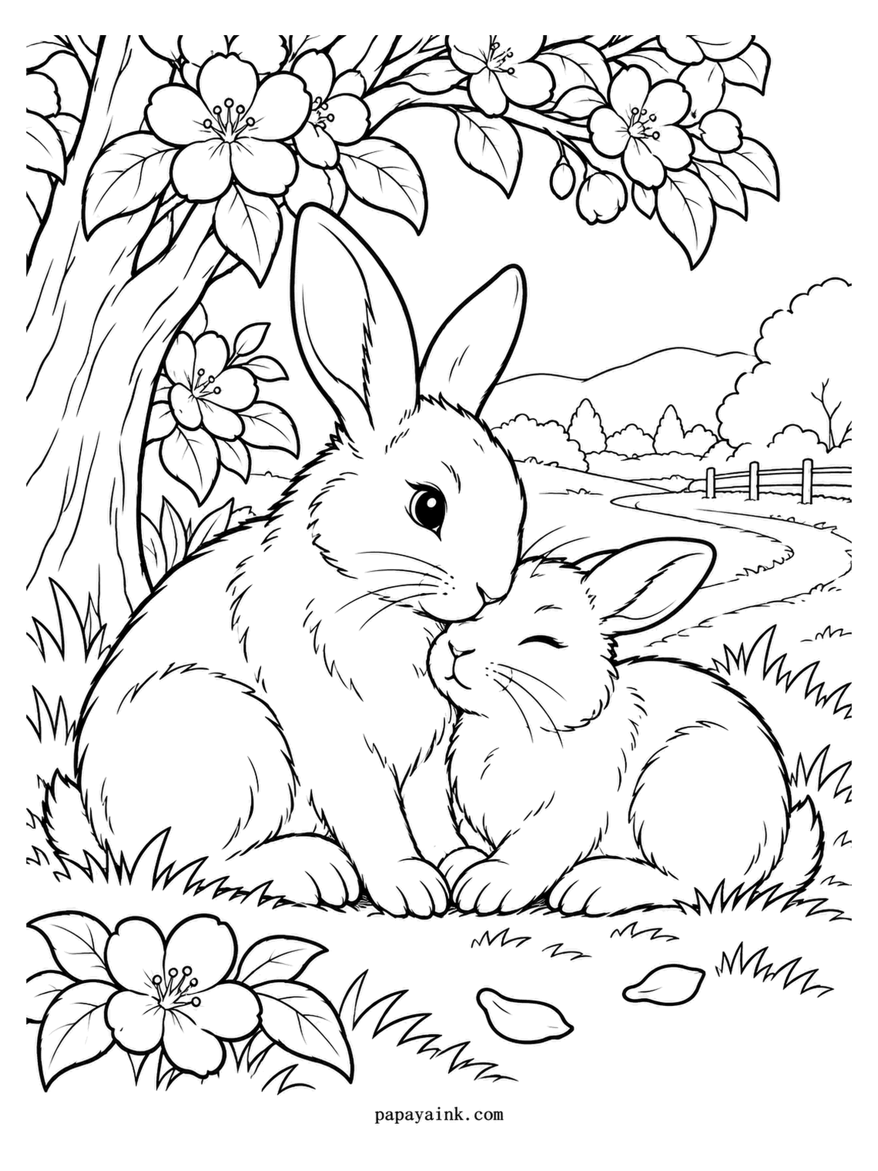 Love Coloring Pages - Apple blossom drifts down on a mother rabbit and her kit as they curl together beneath the tree. A rail fence and a dirt track lead away to the hills. Pale pink petals, brown fur, a cream tail.