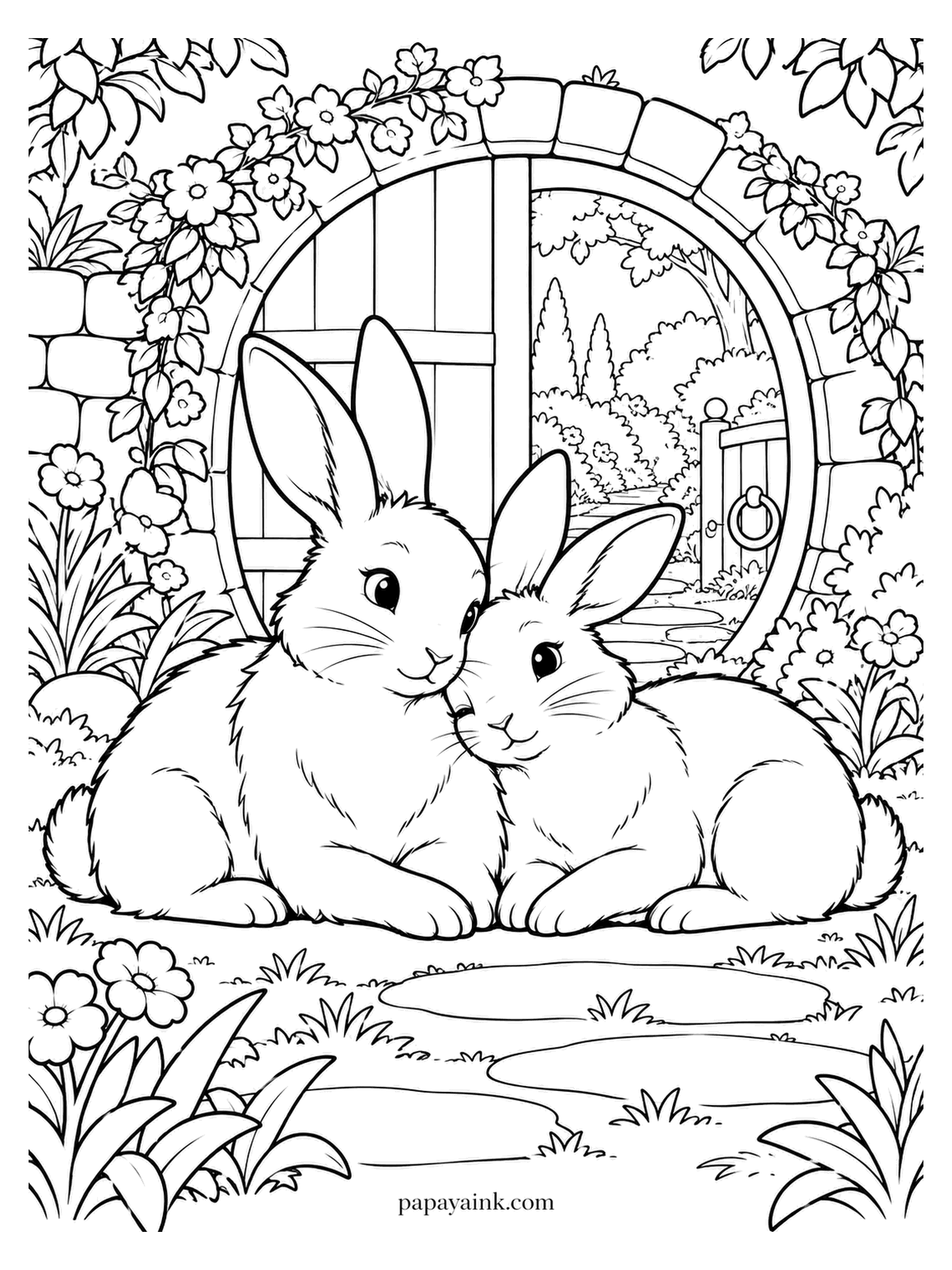 Love Coloring Pages - Behind them a round moon gate opens onto the rest of the garden; the rabbits have no intention of going through it. They lie pressed together beside the path, flowers climbing the stone above. Grey-brown fur, cream bellies, pink inner ears.