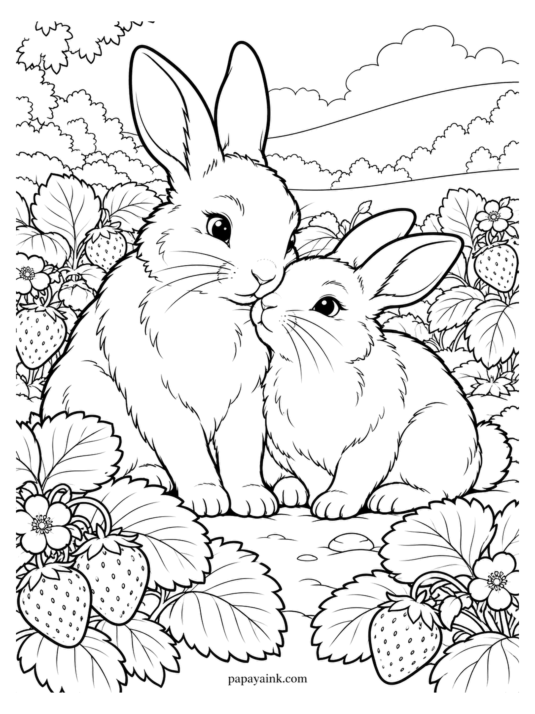 Love Coloring Pages - Strawberry patch, two rabbits, and not a single berry eaten - yet. They sit snug among broad leaves and small blossoms. Red berries with pale seeds, soft grey fur.