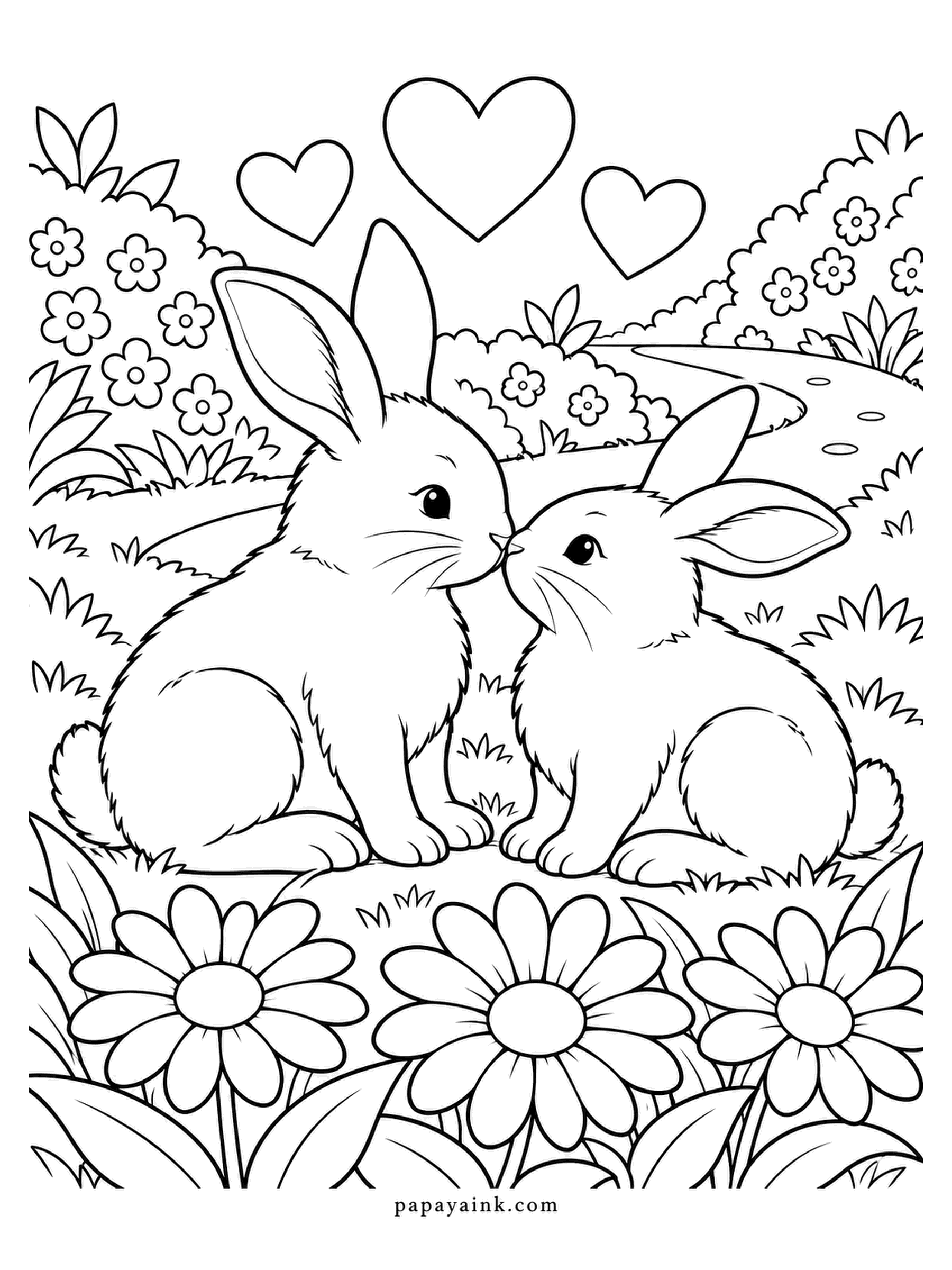 Love Coloring Pages - Rabbits meet in the middle of a daisy mound, hearts above and a flowering hedge behind. A path curves off toward the hills. Brown and white, or two shades of grey, both read well against the flowers.