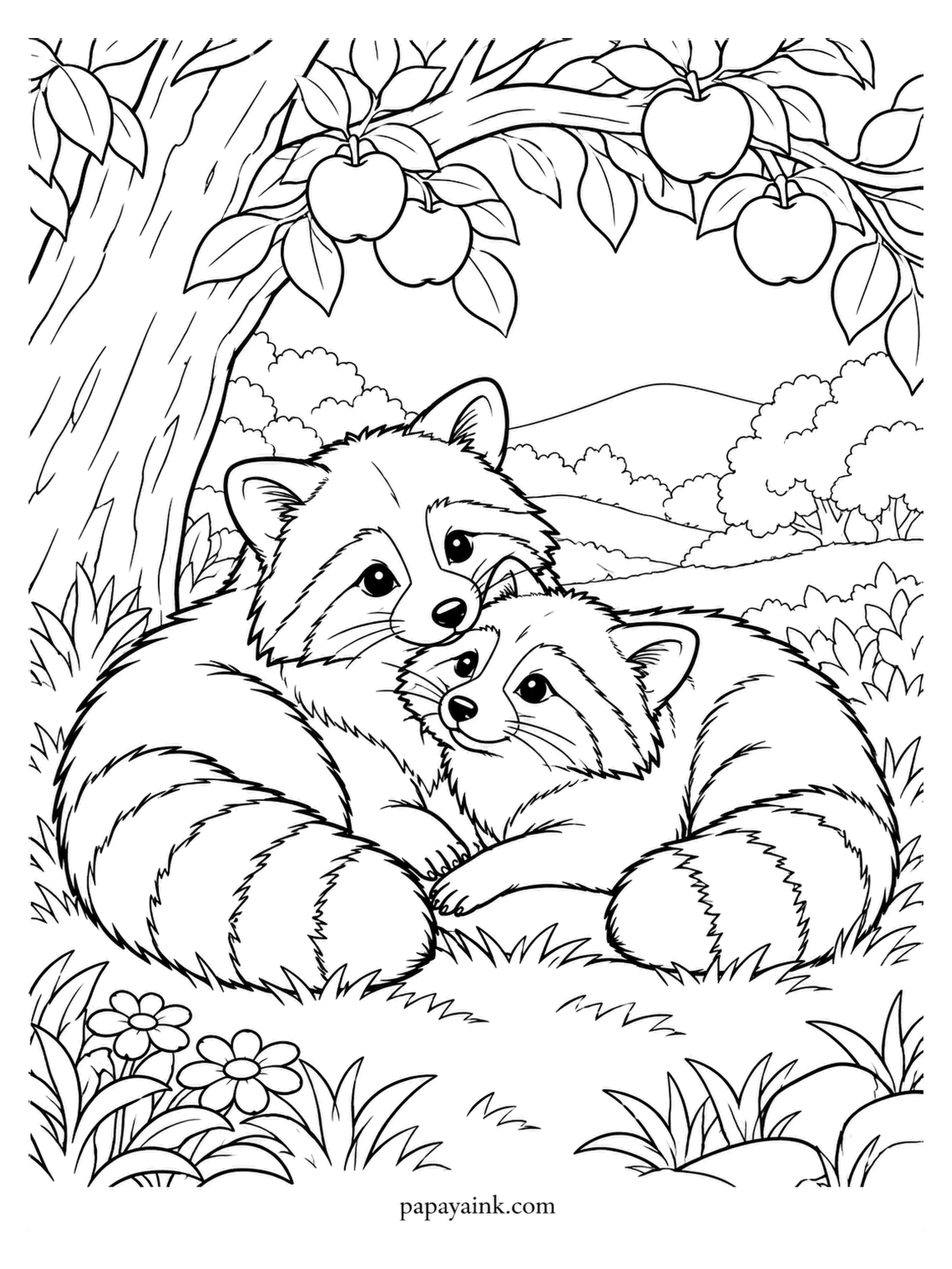 Love Coloring Pages - Raccoons beneath an orchard tree heavy with fruit, and for once nobody is raiding it. The pair are curled nose to cheek in the grass. Ringed tails and dark masks are the whole raccoon look: grey bands down the tail, black across the eyes.