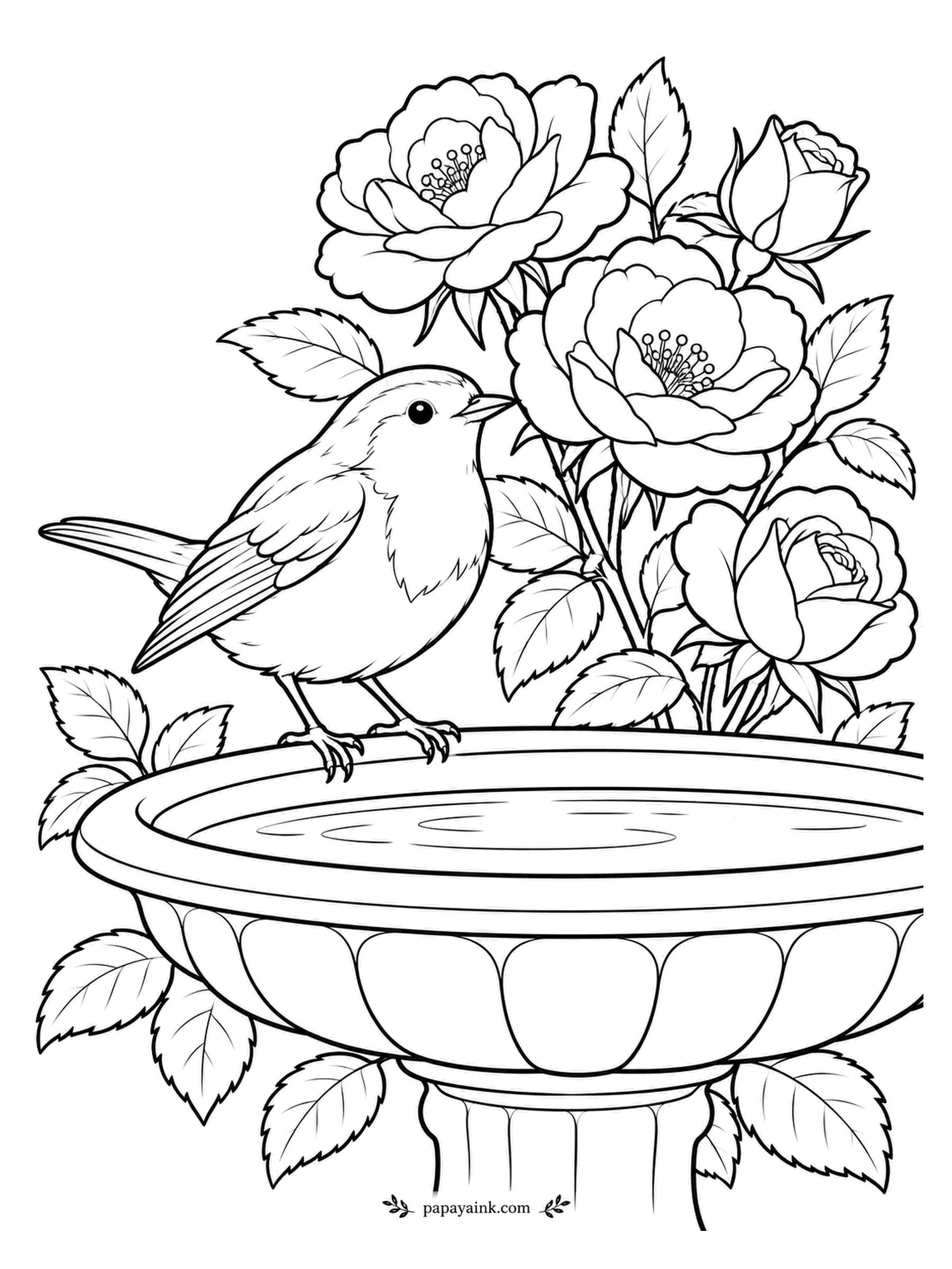 Rose Coloring Pages - Robins are famous for following gardeners in hope of a turned-up worm. This one has settled on the birdbath rim instead, under a curtain of semi-double roses. Orange-red breast, olive-brown back.
