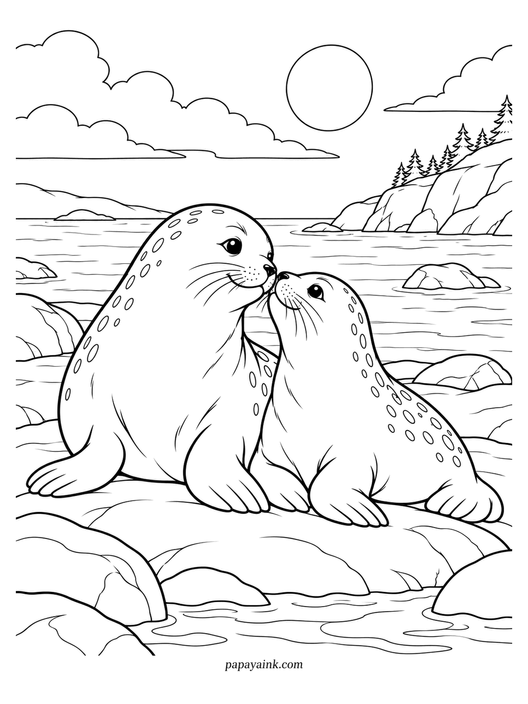 Love Coloring Pages - Hauled out on a sun-warmed rock, two spotted harbor seals bump noses while the tide laps below. A cliff topped with pines closes the bay. Grey with darker spots is true to life; the sea can take any blue.