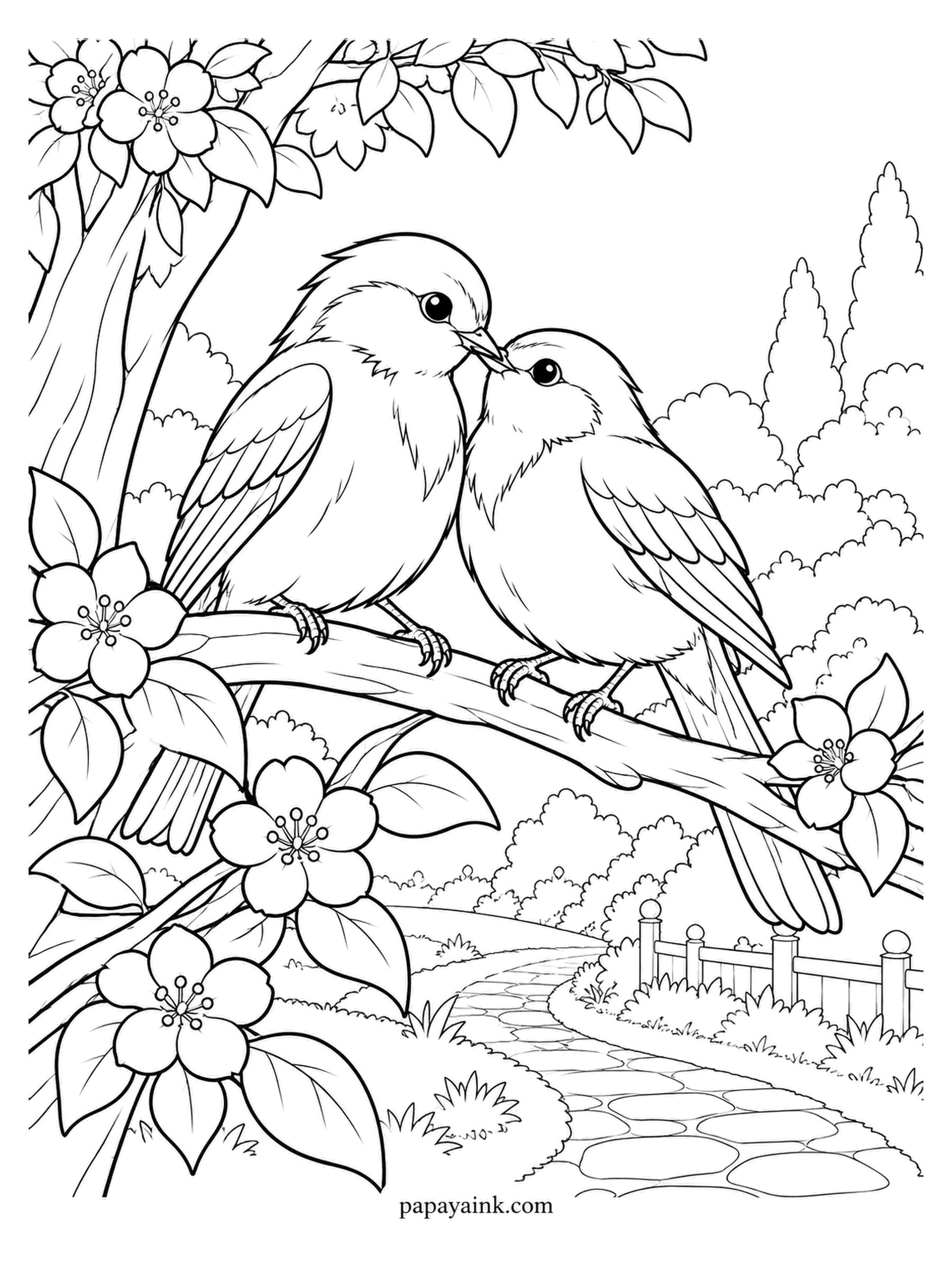 Love Coloring Pages - Beak to beak among spring blossoms above a garden path, two songbirds make the oldest pose in the book look effortless. Flagstones curl past a low fence below. Robin orange, bluebird blue - or invent a species.