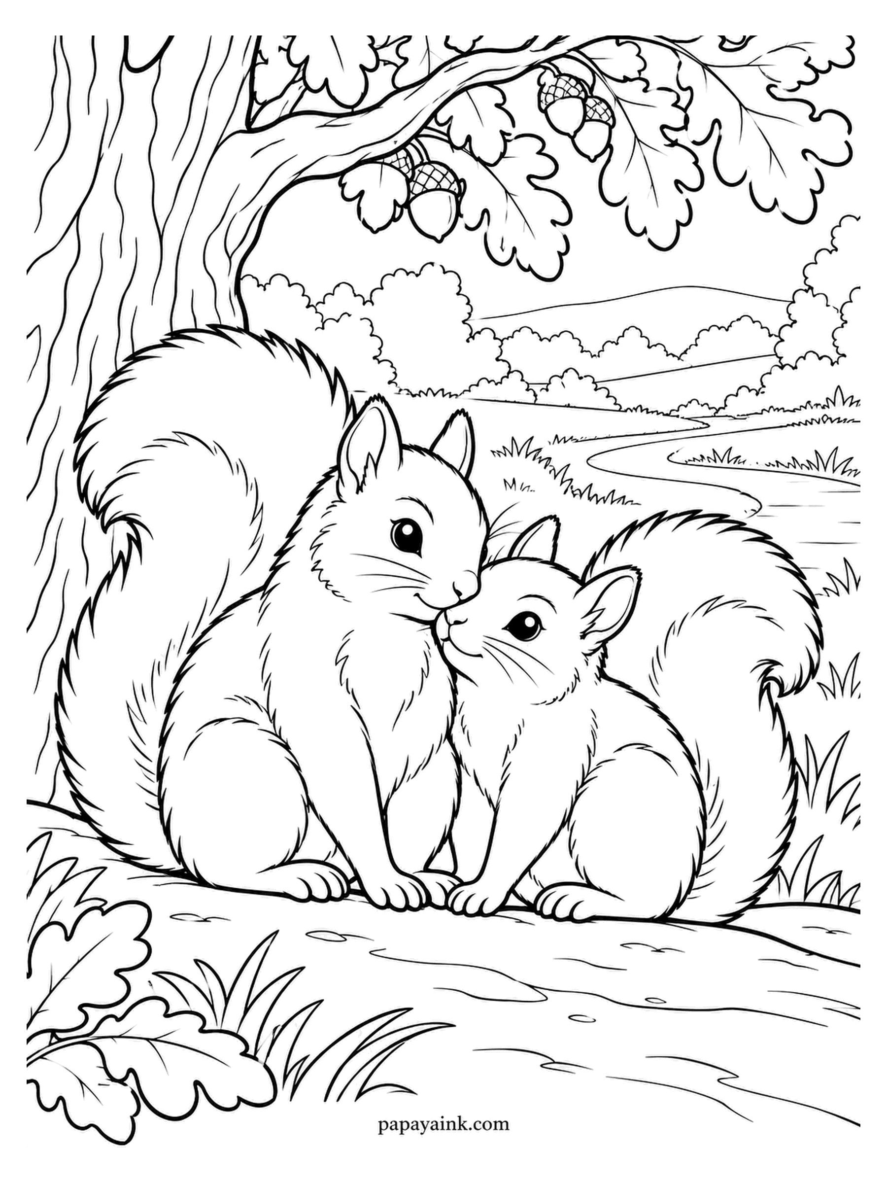 Love Coloring Pages - Acorns hang just overhead, and for once neither squirrel is looking at them. The pair sit close at the foot of an oak, tails curled up like question marks. Red squirrel colors or grey ones - either works.
