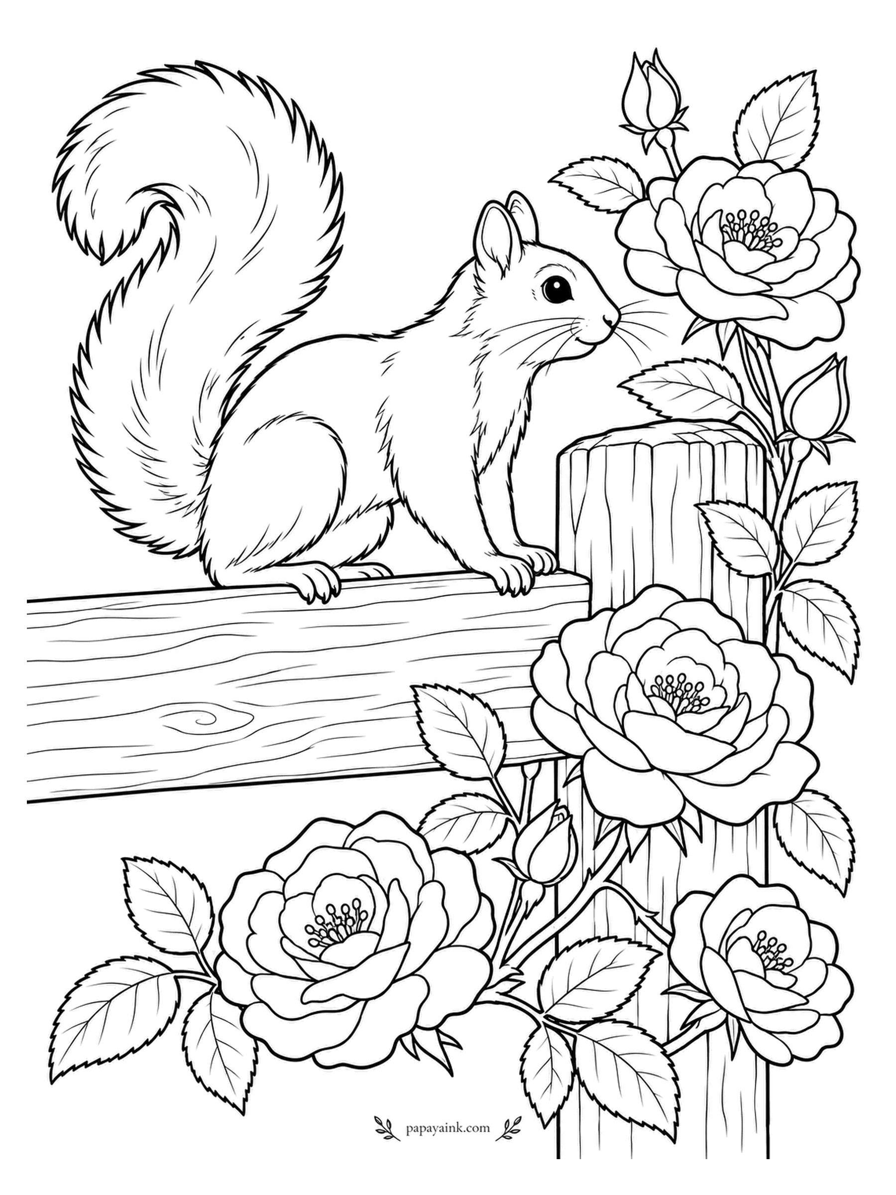 Rose Coloring Pages - The fence rail is a squirrel highway, and the roses on the post have just caused a traffic jam. The tail is curled high for balance. Rough wood grain and silky petals make a nice contrast.