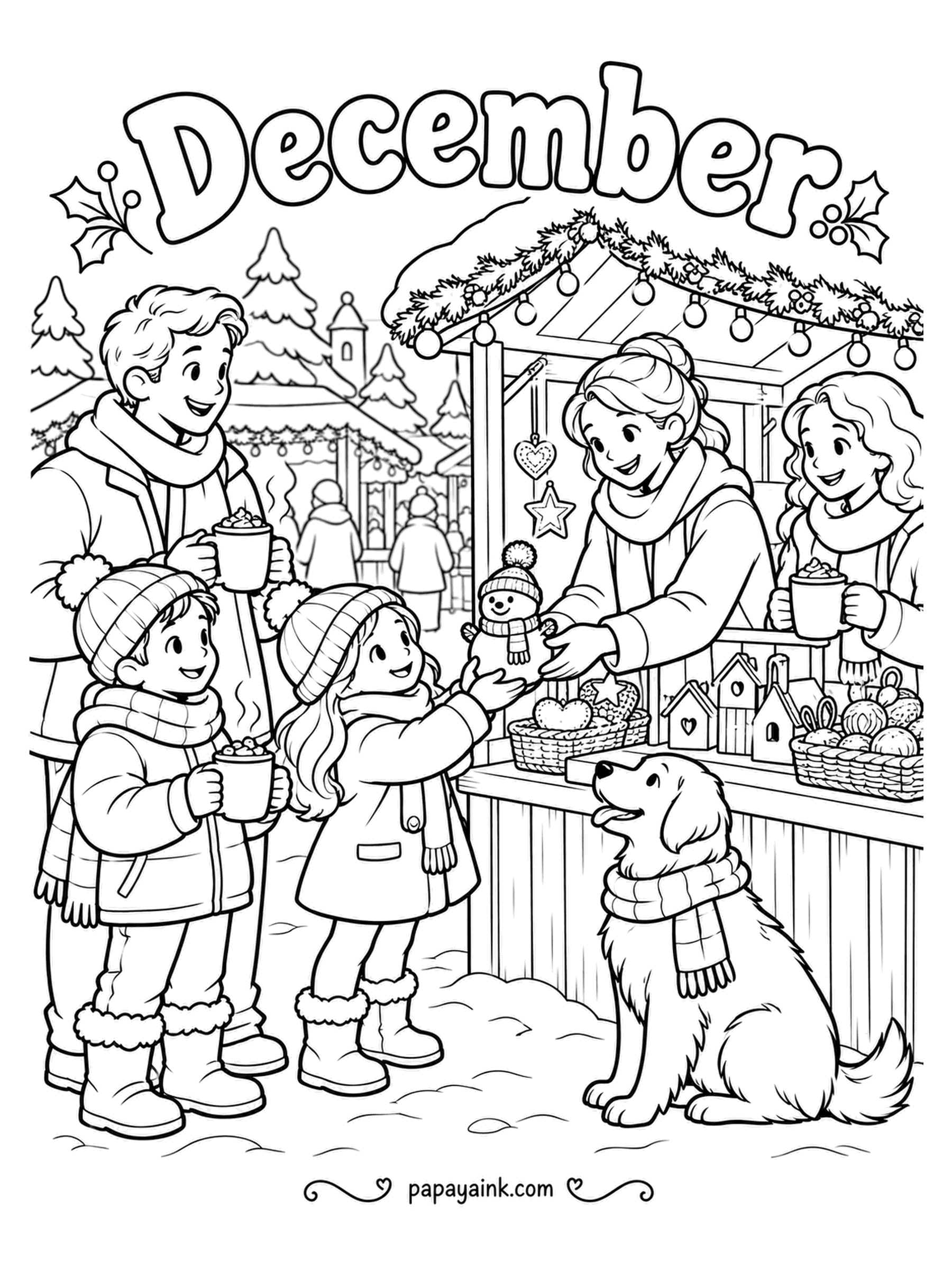 December Coloring Pages - An outdoor market stall under the word December, cocoa in both hands, a knitted snowman being handed over, tiny wooden houses on the counter, string lights above. The dog in a scarf is a regular. Detailed - lots of small goods.