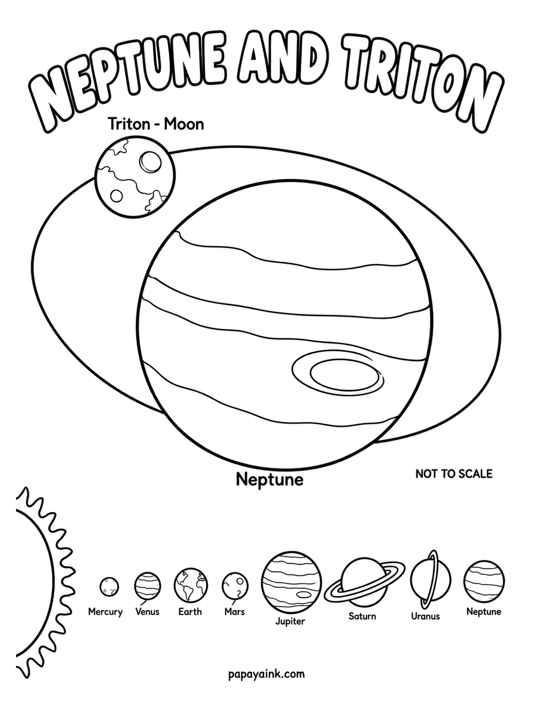 Planet Coloring Pages - Neptune and Triton, the big blue planet with its dark storm oval and its largest moon on a tilted orbit, which really does run backwards compared to Neptune's spin. Deep blue planet, pale pinkish-gray moon.