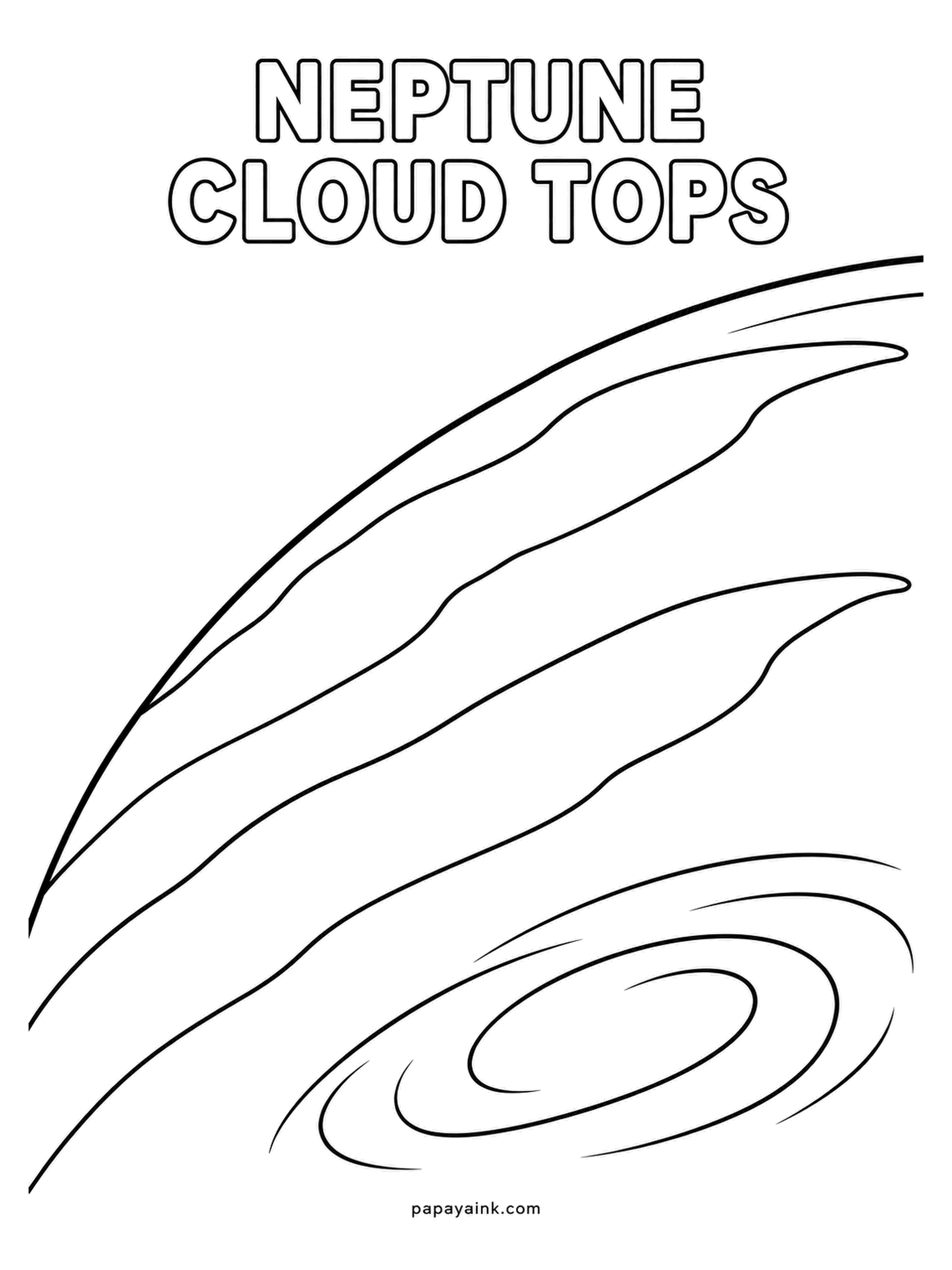 Planet Coloring Pages - Neptune's cloud tops seen from just above the atmosphere, long ribbons of cloud curving over the horizon and a storm spiral in the corner. Deep cobalt for the planet, with the ribbons in white or pale lavender.