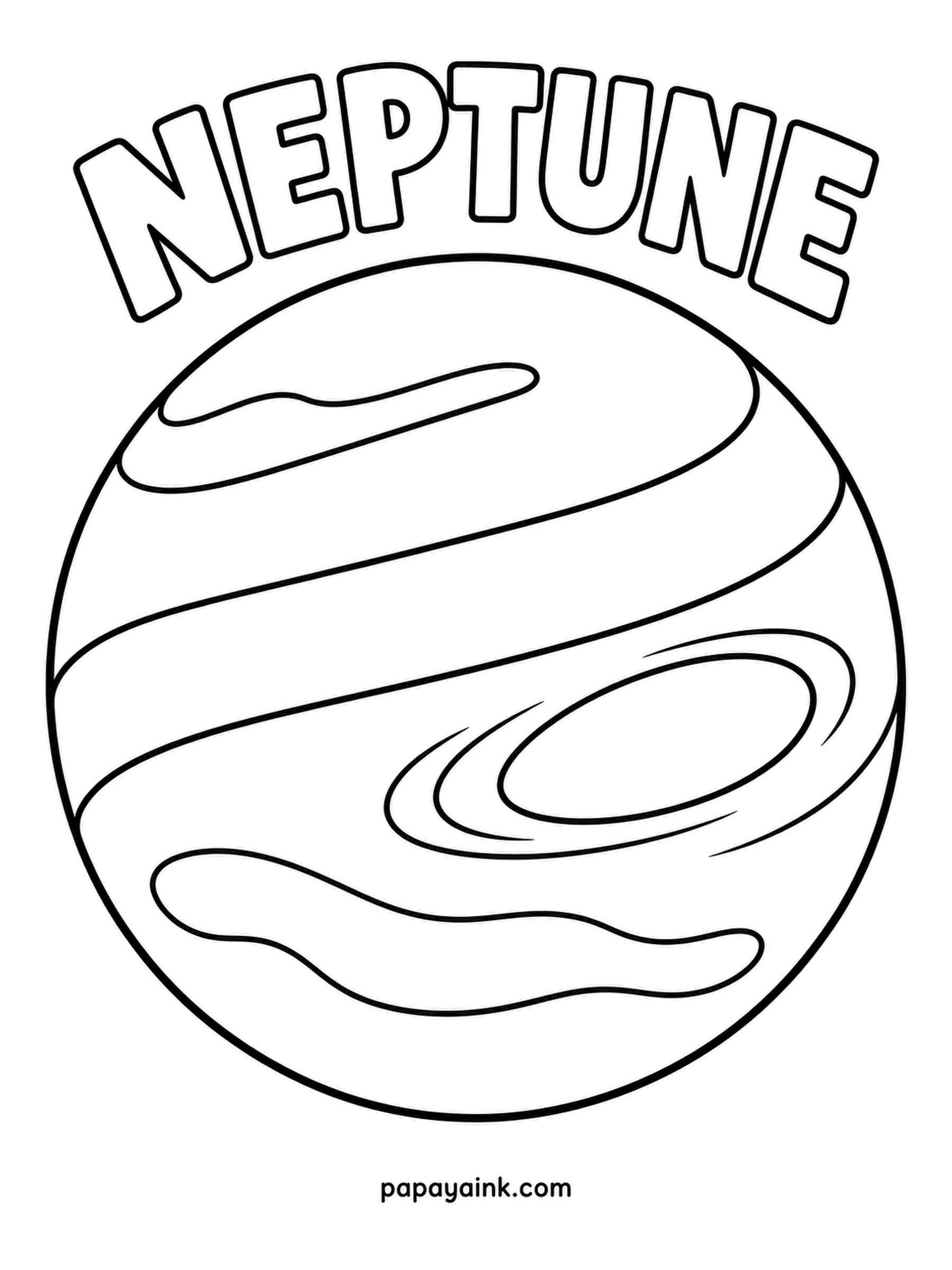 Planet Coloring Pages - Neptune, the windiest planet we know, with cloud bands and the oval Great Dark Spot swirling across its face. Go all in on blue - cobalt, royal and a navy spot - and add one slender streak of high cloud.