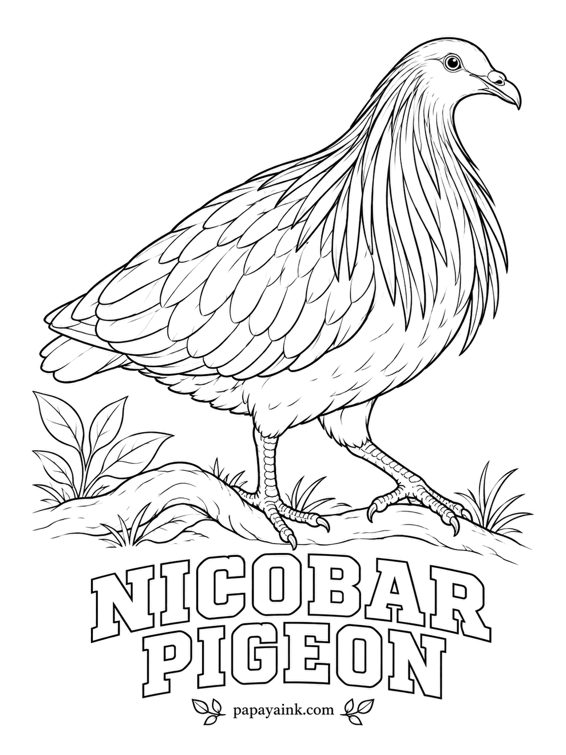 Realistic Bird Coloring Pages - Meet the closest living relative of the dodo. The Nicobar pigeon walks the forest floor of small islands from the Bay of Bengal to the western Pacific, its neck hackles shimmering green, copper and blue. Gray-blue head, pure white tail.