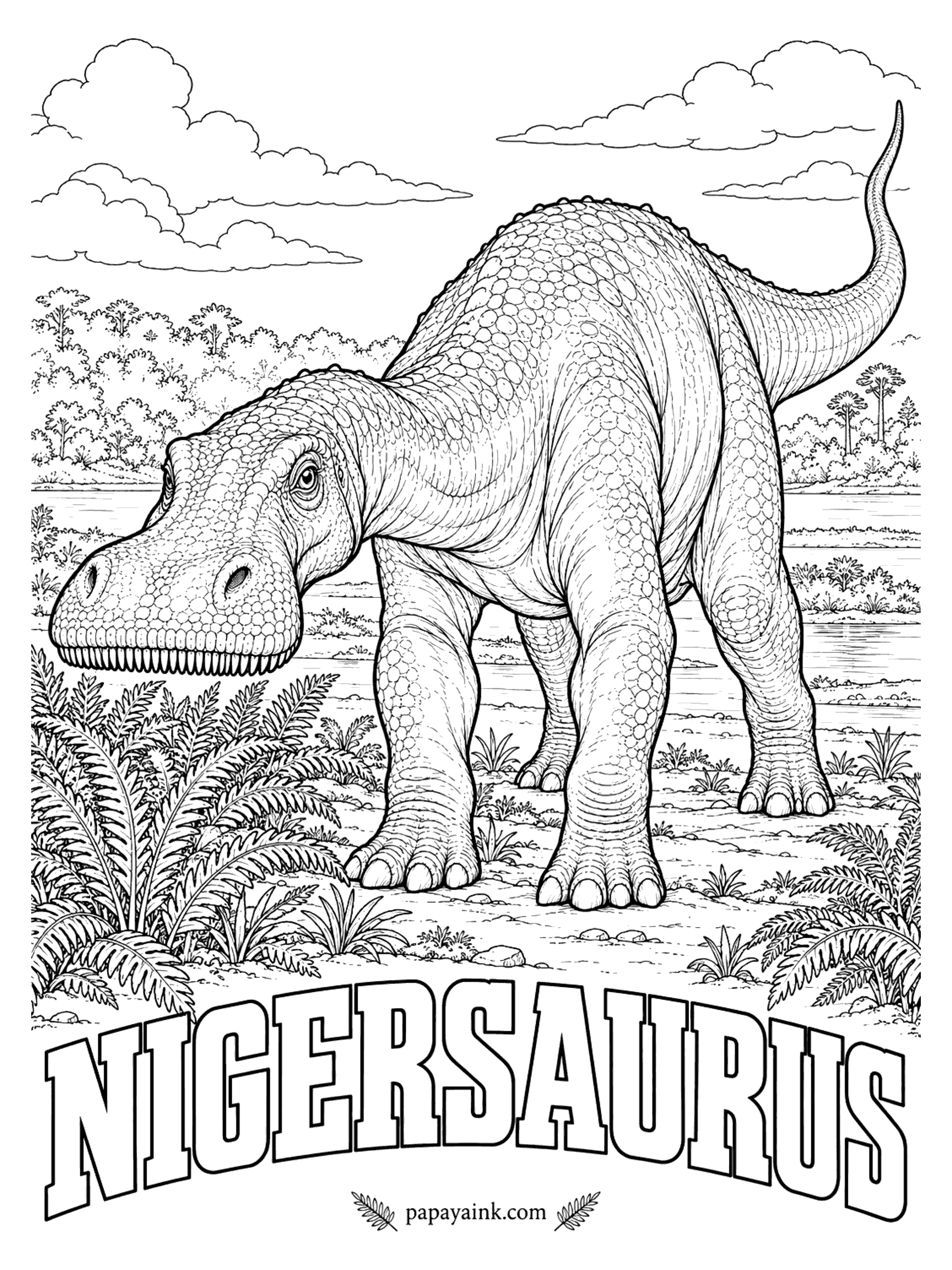 Free Printable Dinosaur Coloring Pages - A mouth as wide as a vacuum-cleaner head held more than five hundred teeth, counting the spares stacked behind each one, all packed along its front edge. Nigersaurus (NEE-zhair-SORE-us, Niger lizard) probably cropped ferns and horsetails close to the ground and replaced each tooth about every two weeks. A plant-eater at least 30 feet long. Niger, about 110 million years ago.