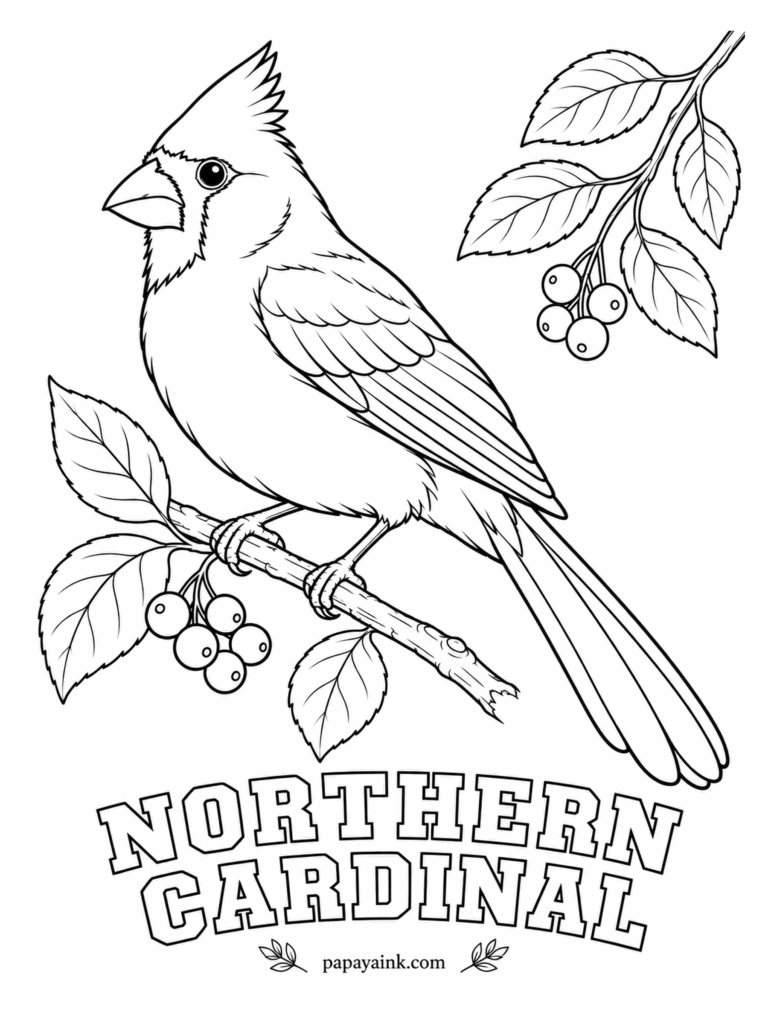 Printable Bird Coloring Pages - Red from crest to tail, with a black mask around the bill, like a bandit who gave up on subtlety. That is the male Northern Cardinal; the female is warm brown with red touches. Give him a coral-orange bill and leave the berries for last.