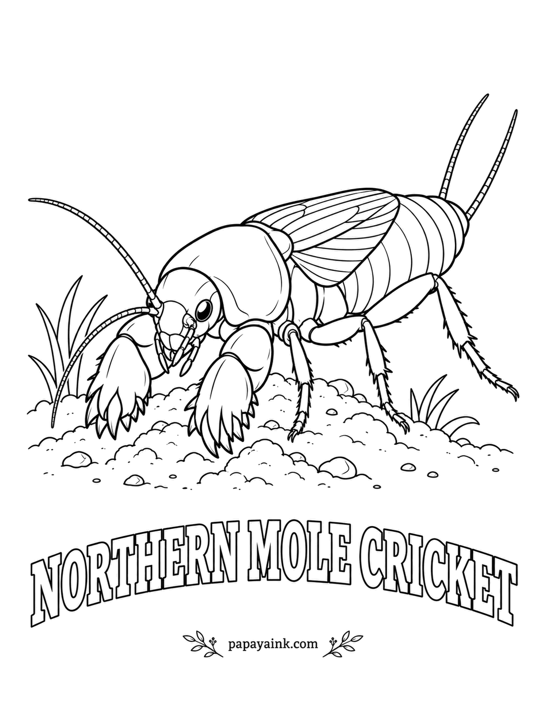 Insect Coloring Pages - Front legs shaped like garden trowels let the northern mole cricket tunnel through soil the way a mole does. Males sing from inside the burrow, which works as a natural loudspeaker. Velvety brown all over, the digging claws darker.