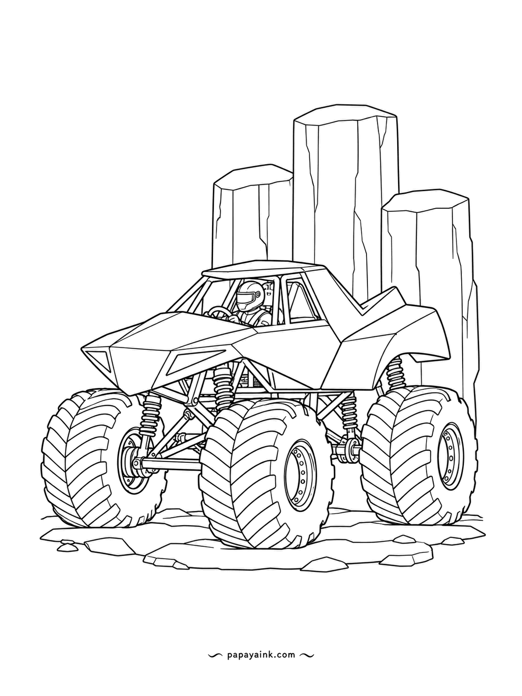 Monster Truck Coloring Pages - Fan of basalt columns behind an angular sprint truck with a notched back and a helmeted driver. Pebbles underneath, otherwise empty. Cool grey stone behind a hot-colored body is the obvious move.