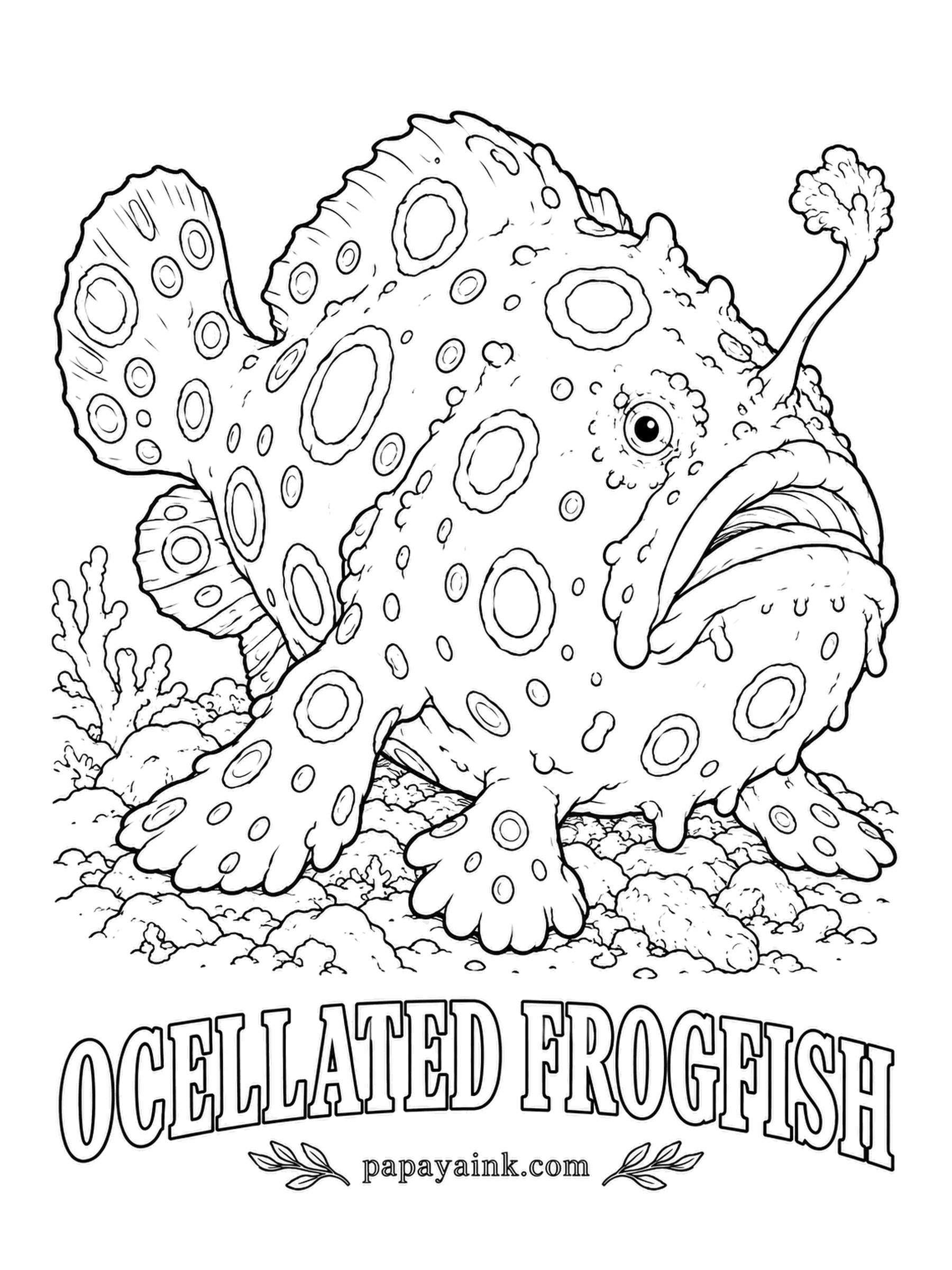 Ocean Fish Coloring Pages - Fishing rod and lure grow from its forehead, and it wiggles the lure at passing fish. When one comes close, the mouth opens and swallows it in a few thousandths of a second. Yellow-orange skin, dark rings with light centers.