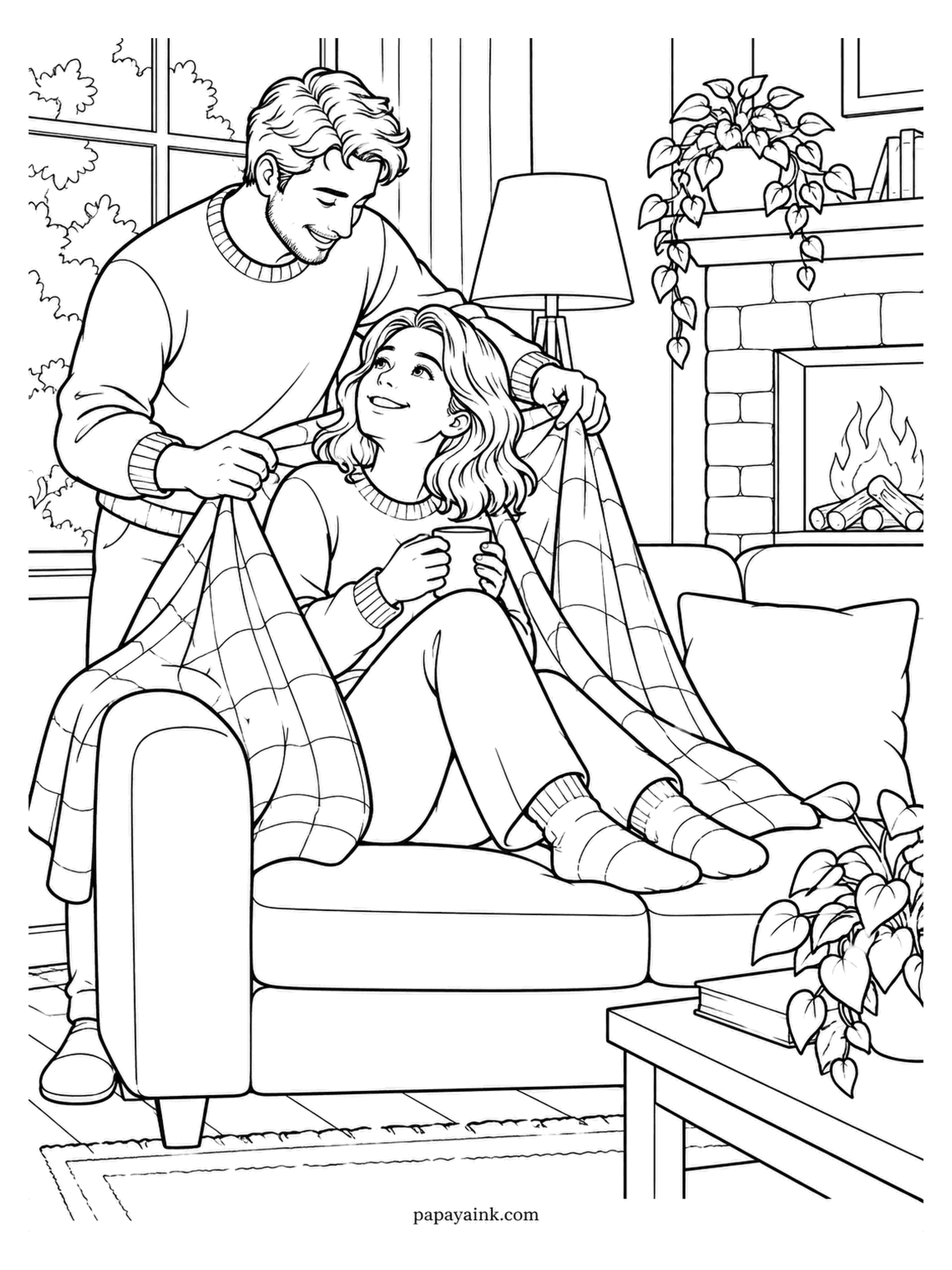 Love Coloring Pages - Feet up, mug in both hands, and a plaid blanket arriving from behind before she even asked. A fire crackles in the brick hearth and a lamp stands by the window. Plaid takes patience; two colors and a ruler make it easy.