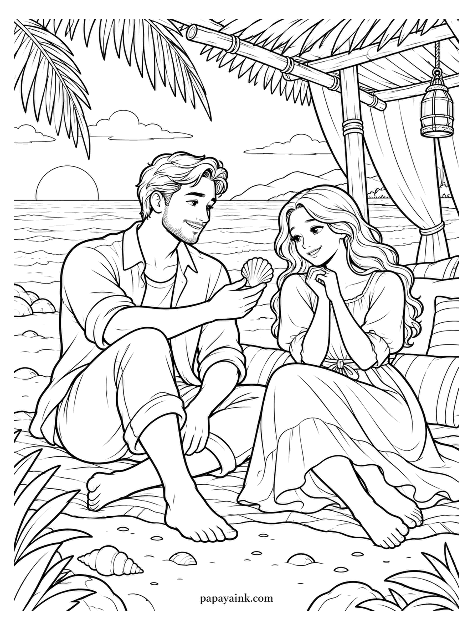 Love Coloring Pages - A seashell for her, found a minute ago and presented like a treasure. They sit barefoot on a blanket by a beach shelter, curtains tied back and a lantern hanging from the frame. Coral sunset, beige sand.