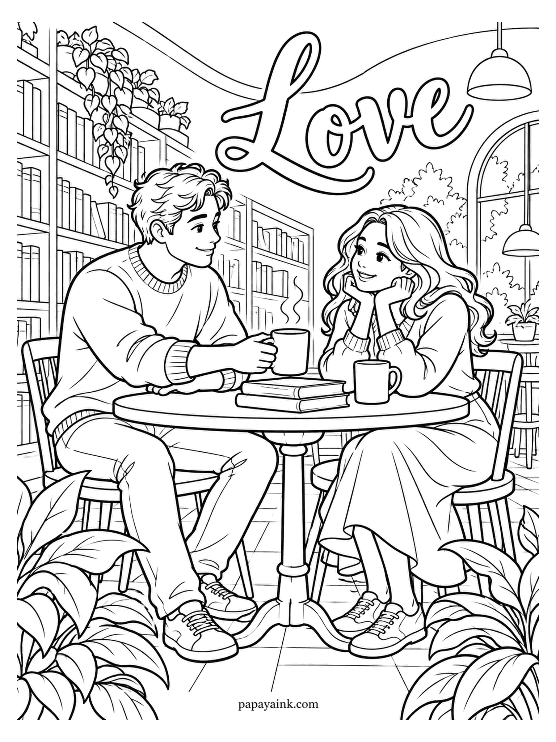 Love Coloring Pages - Library cafe, late afternoon: a stack of books, a small round table, and a warm drink nudged across it. Neither of them has opened one, and a looping Love floats over the shelves. Earthy browns for the wood, one bright color for the sweaters.