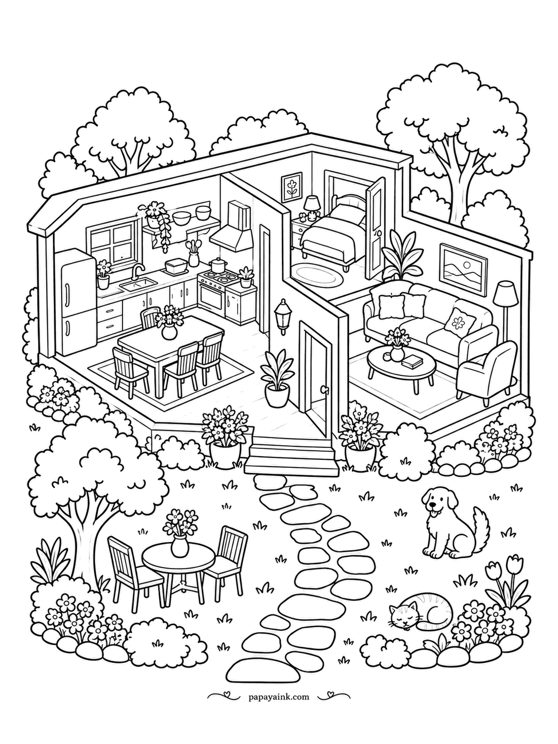 House Coloring Pages - A one-story house with the roof lifted off: kitchen, bedroom and living room side by side behind the garden, a table and chairs under the tree, a puppy on the lawn and a cat asleep by the flowers. Each room its own color.
