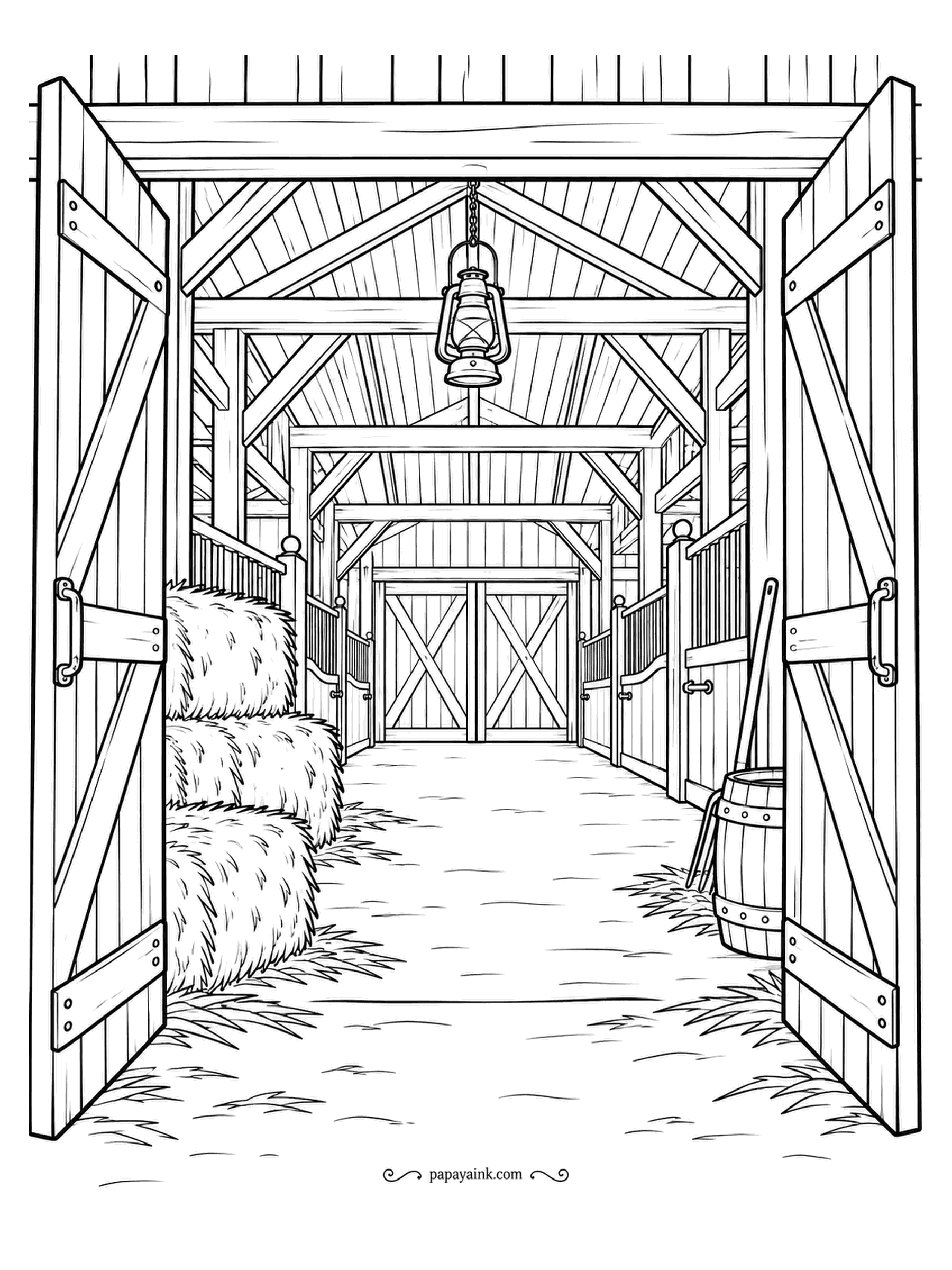 Farm Coloring Pages - Open barn doors looking straight down the aisle: hay bales stacked left, a barrel and a broom right, a lantern on the beam. Rafters above, stalls behind, a second set of doors at the far end. Detailed - a lot of parallel boards.