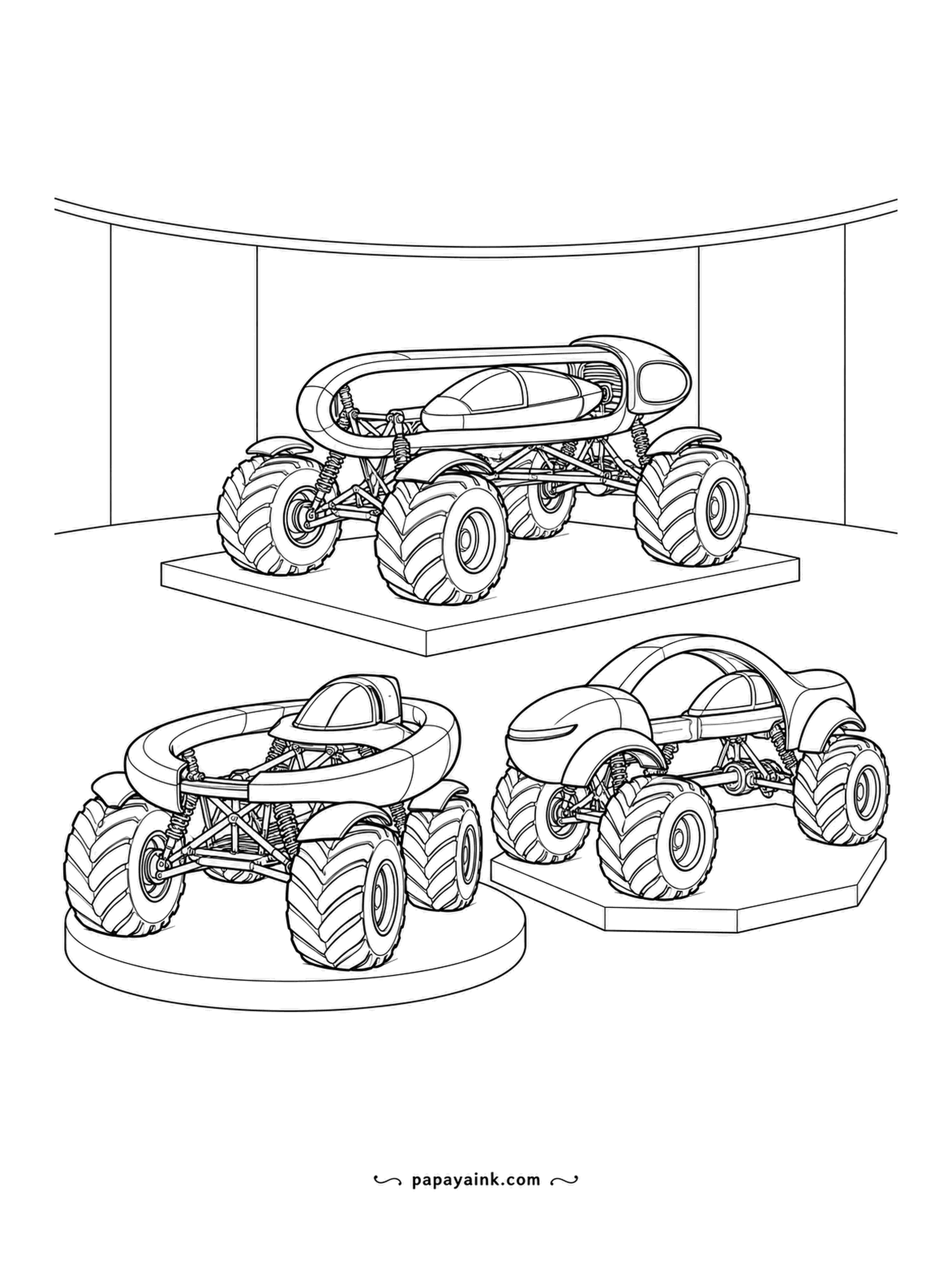 Monster Truck Coloring Pages - Showroom islands, three of them, each with a truck: a looped roof on the tall plinth, an open-center ring body on the round one, a bubble cab on the square. Curved wall around them. Detailed.