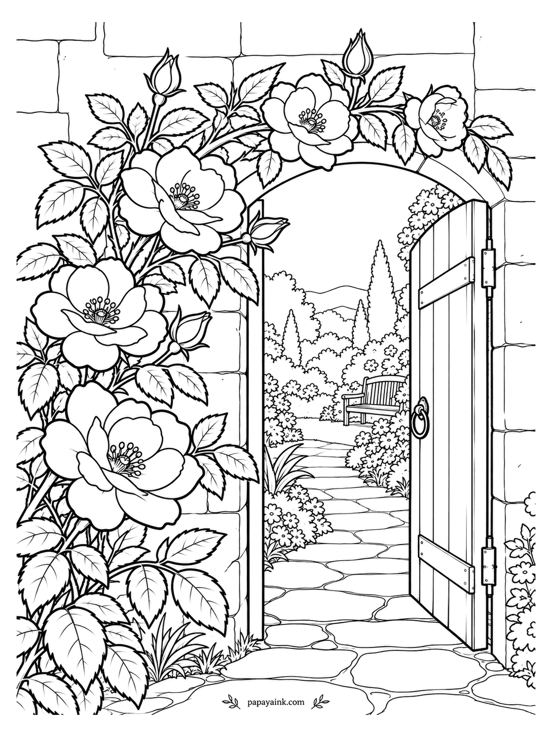 Rose Coloring Pages - Pushed open and left that way, the door in the wall shows a stone path, a bench and cypresses beyond the arch. Large semi-double roses climb the masonry and spill over the arch. Give the door's planks a warm brown.