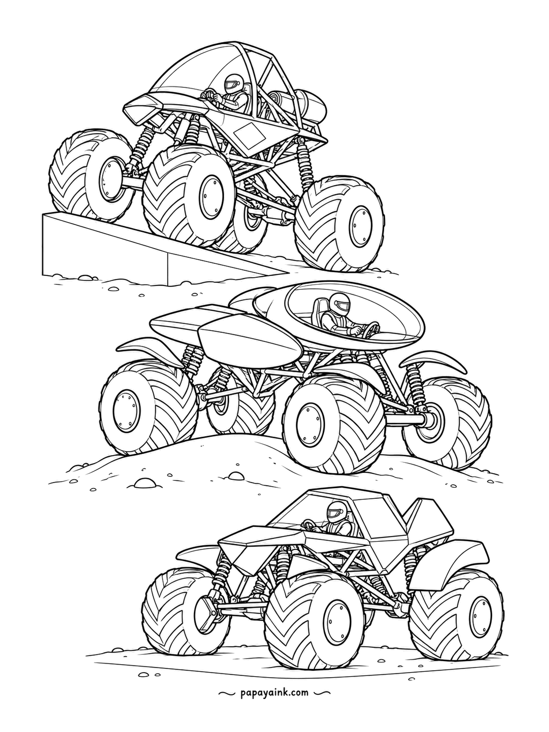 Monster Truck Coloring Pages - Test stations, three trucks at once: the open-vault buggy on the ramp, a saucer-cab on the mound, a boxy one on the flat. All three helmets on. Dusty greys with three bold bodies.