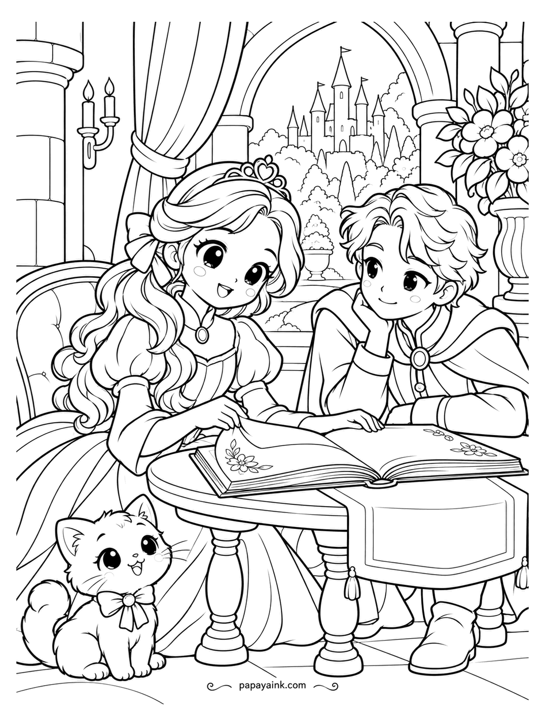 Kawaii Princess Coloring Pages - The guestbook is open to the first page. The princess turns it, the prince leans on his hand to read upside down, and the kitten by the table leg is not on the guest list. Pressed flowers on the pages - very small, very satisfying.