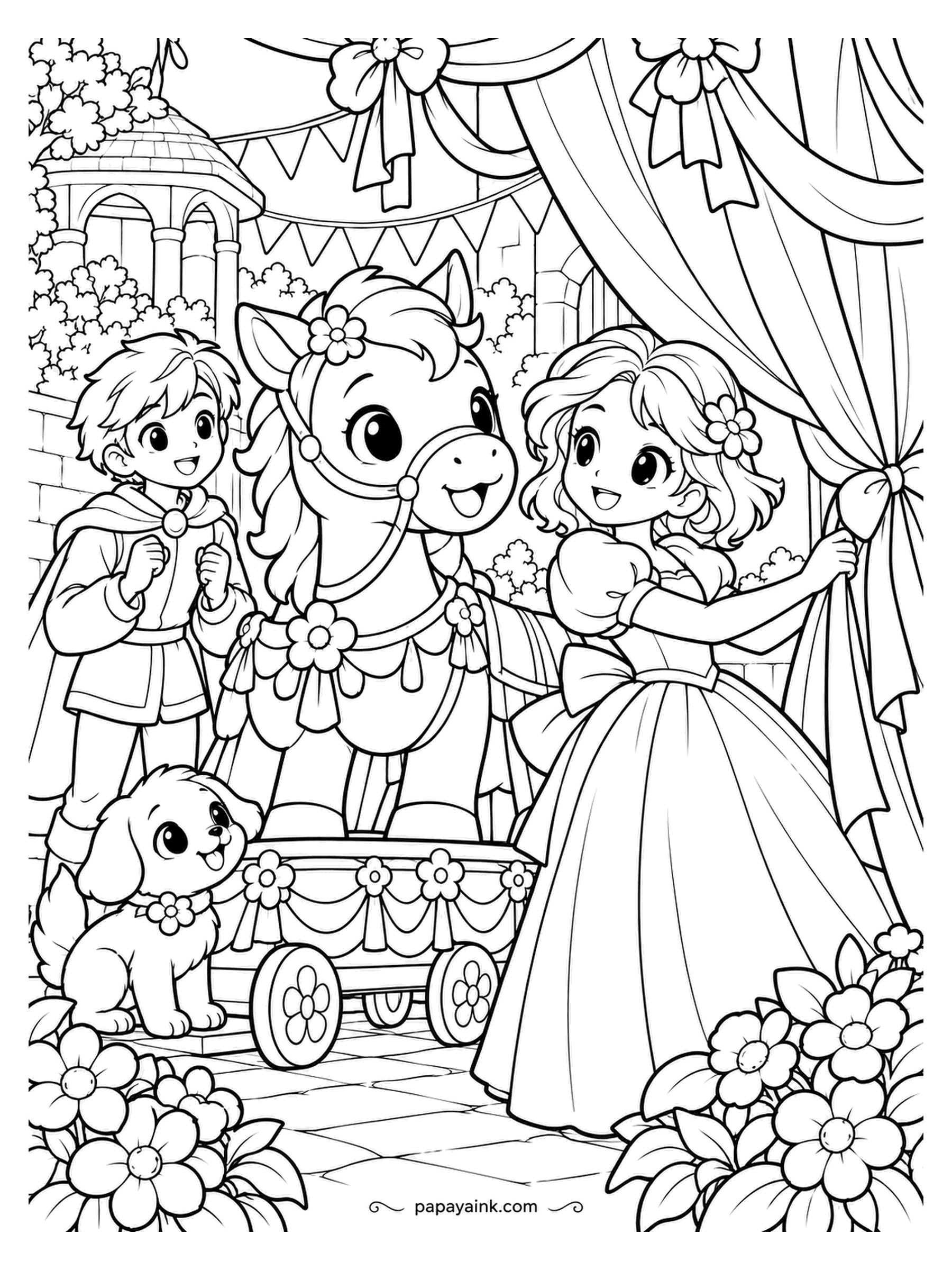 Kawaii Princess Coloring Pages - Curtain back, parade ready. The pony stands in its flower harness with the cart behind, the prince cheers from the wings, and the princess holds the drape aside so everyone can see. Bunting, bows and tassels - bring the full box of pencils.