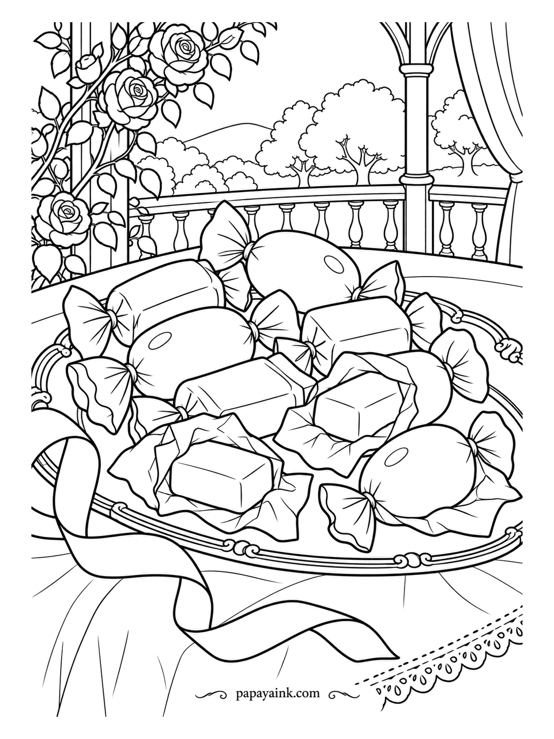 Candy Coloring Pages - Twist-wrapped sweets on a silver salver in the orchard gazebo, with a few unwrapped squares among them and roses climbing the post above. A ribbon slides off the edge of the table. Pastel wrappers, toffee squares.