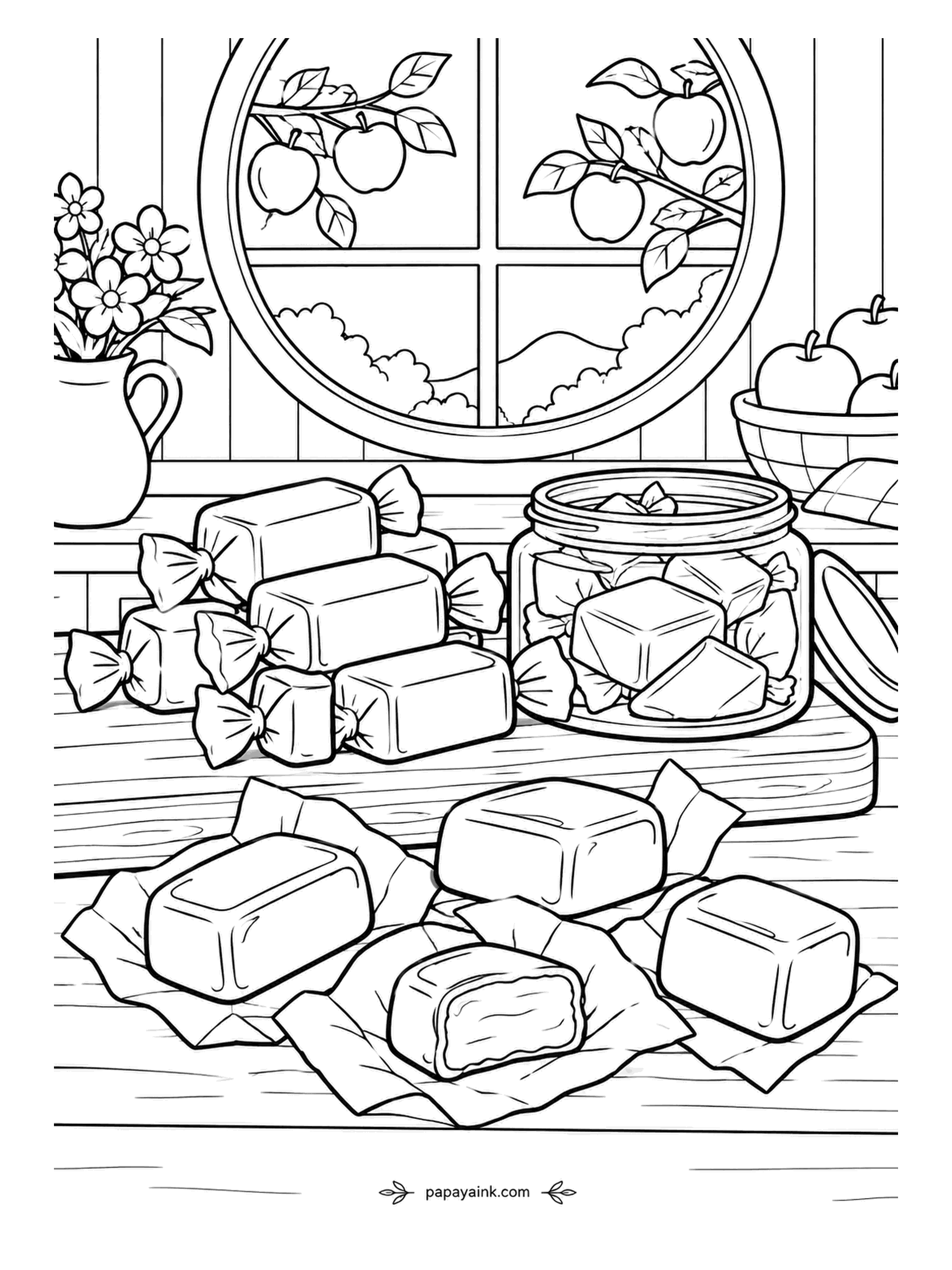 Candy Coloring Pages - Orchard counter: wrapped caramels, a jar of them beside, four unwrapped on their papers with one bitten open, apples on the branch through the round window. Golden caramels, apples in red.