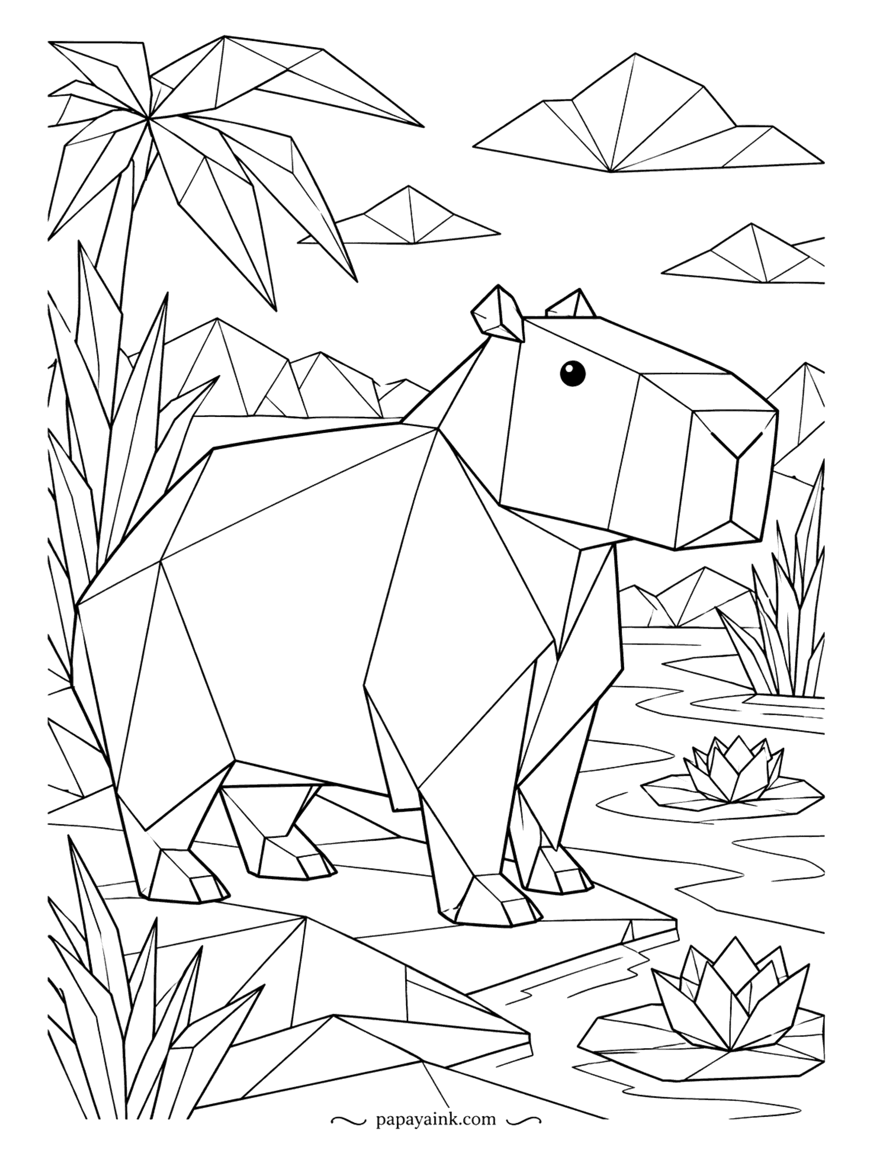 Capybara Coloring Pages - The origami capybara, its water lilies and even the clouds look folded from paper, all sharp creases and flat planes. Use two tones of one color per fold, a light side and a shadow side, and the paper effect appears by itself.