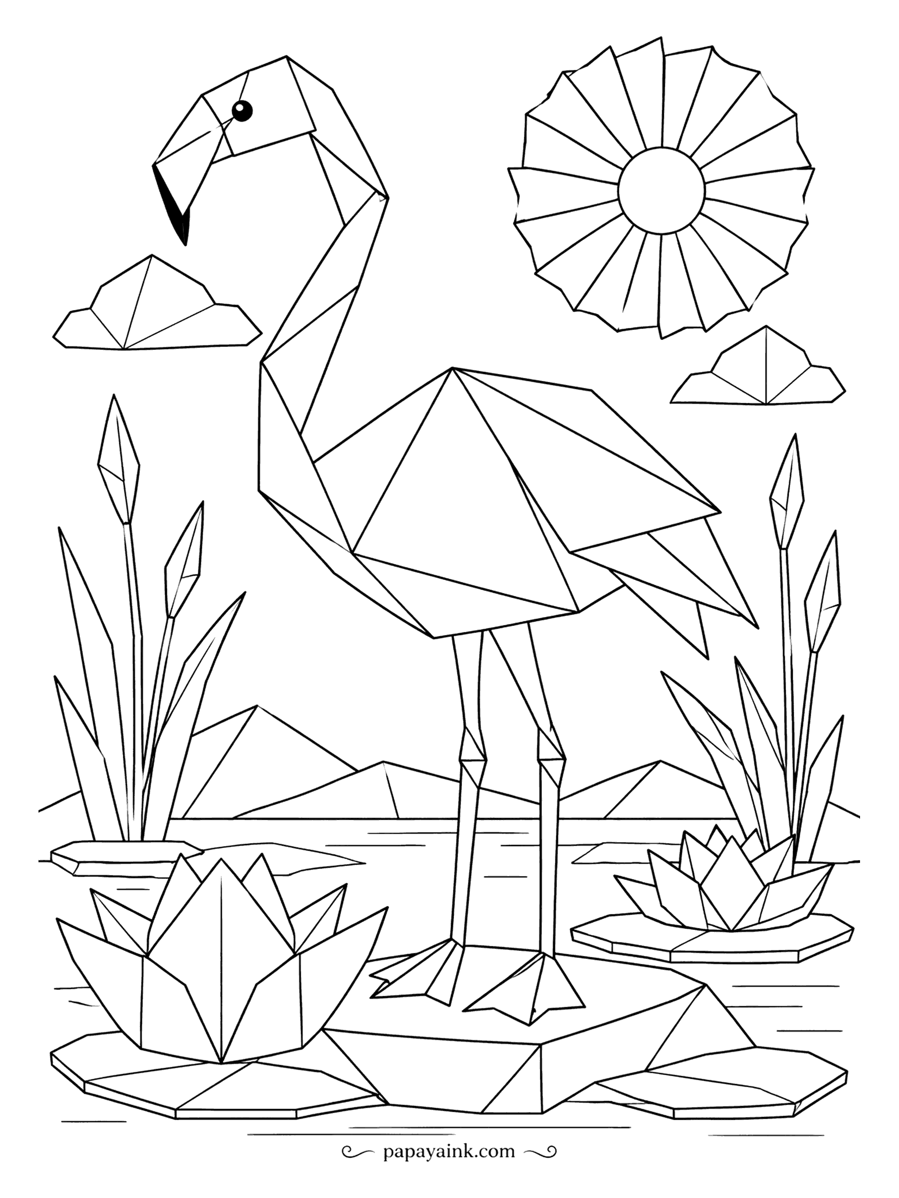 Flamingo Coloring Pages - Folded from paper, down to the creased lotus flowers and the pinwheel sun. Pick one light and one shadow value per color and alternate them across the facets, the way light falls on real folds.