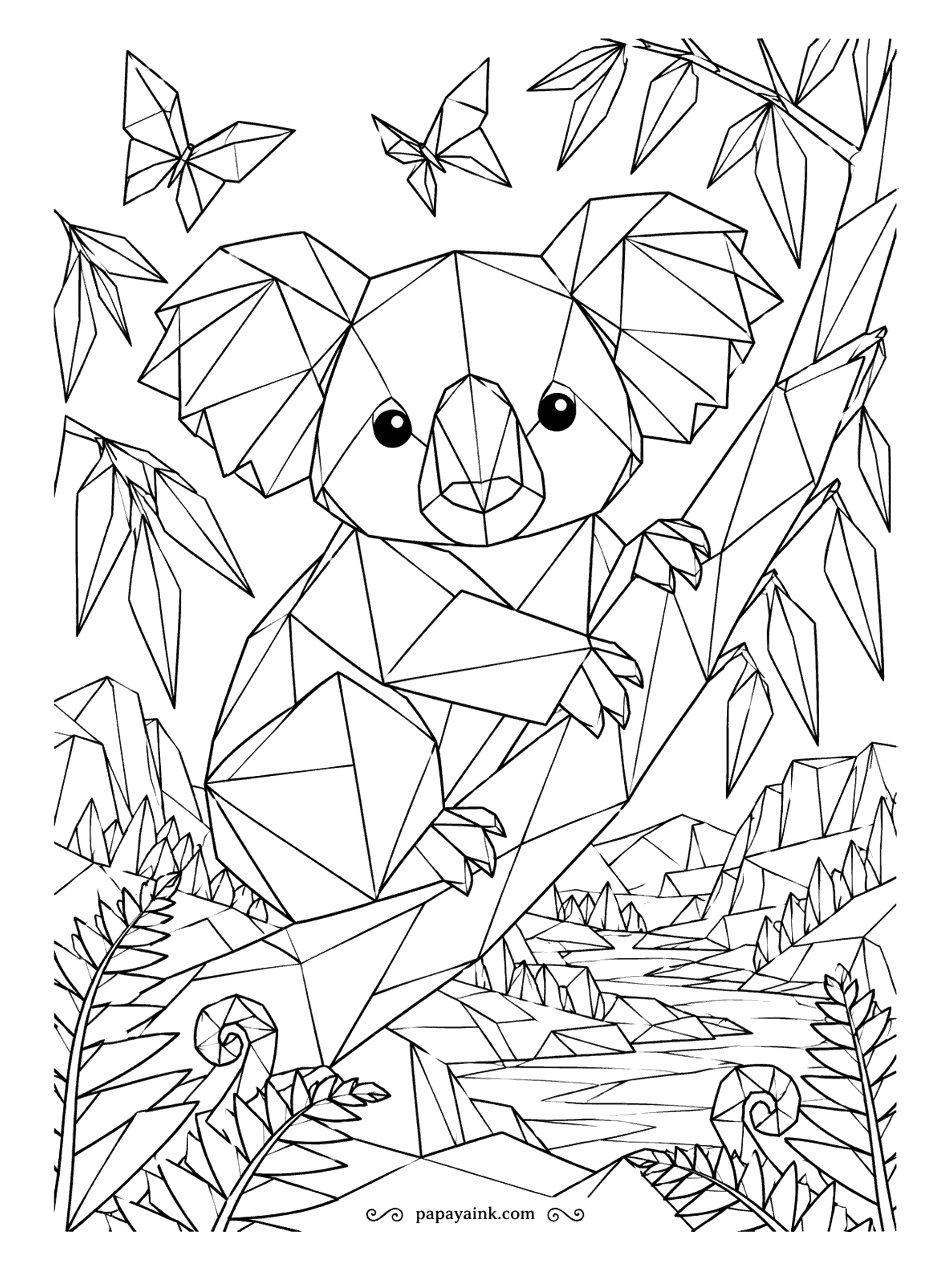 Koala Coloring Pages - Every crease counts in this origami koala, which hangs on an angular branch while two paper butterflies drift past. The folds are the whole drawing, so color each flat plane a different tone.