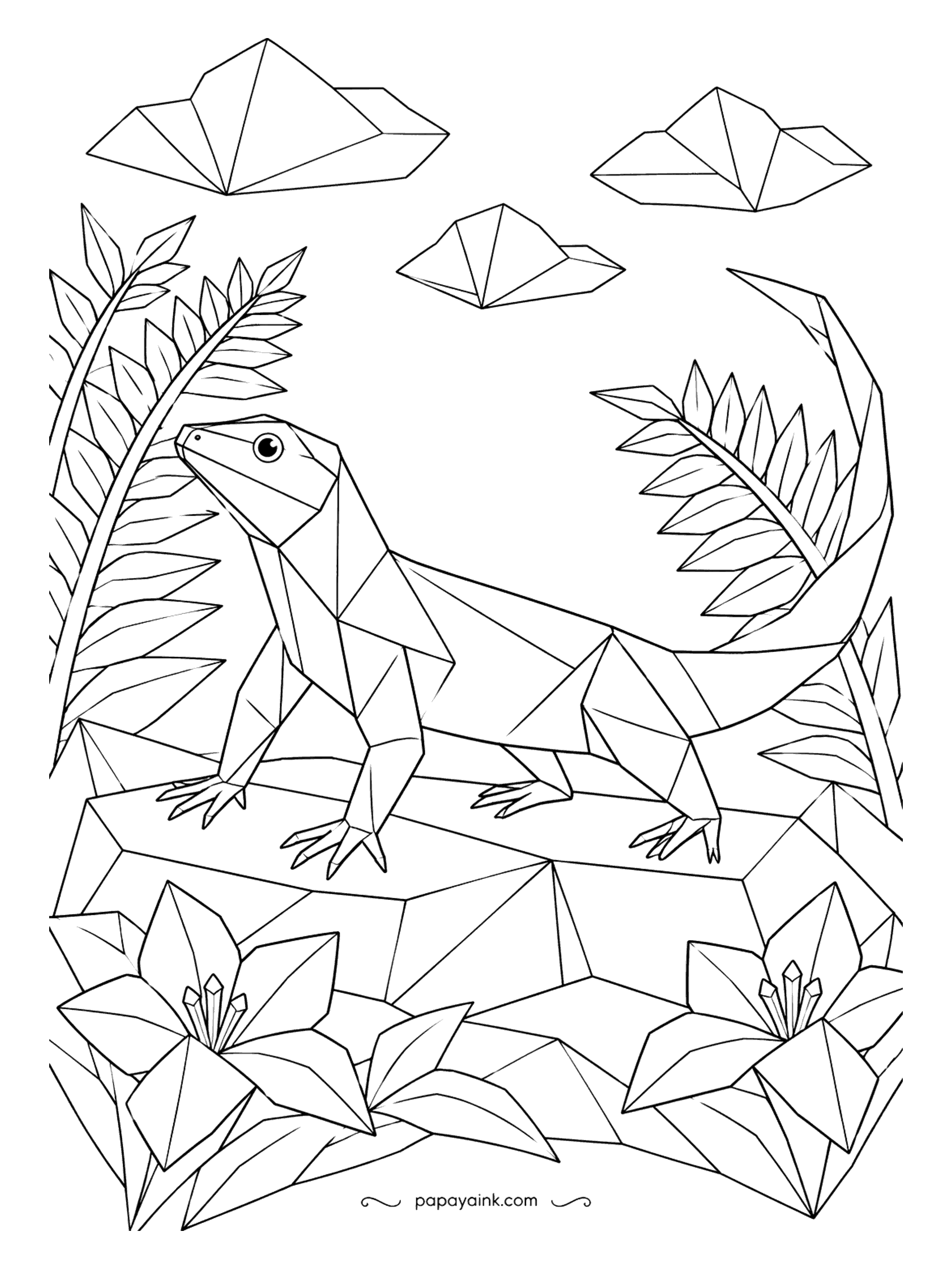 Lizard Coloring Pages - Folded, not drawn: an origami lizard on a stack of paper rocks, paper lilies at its feet, paper clouds overhead. Shade each facet lighter or darker to show the fold - one color in light, mid and dark - and it goes three-dimensional.