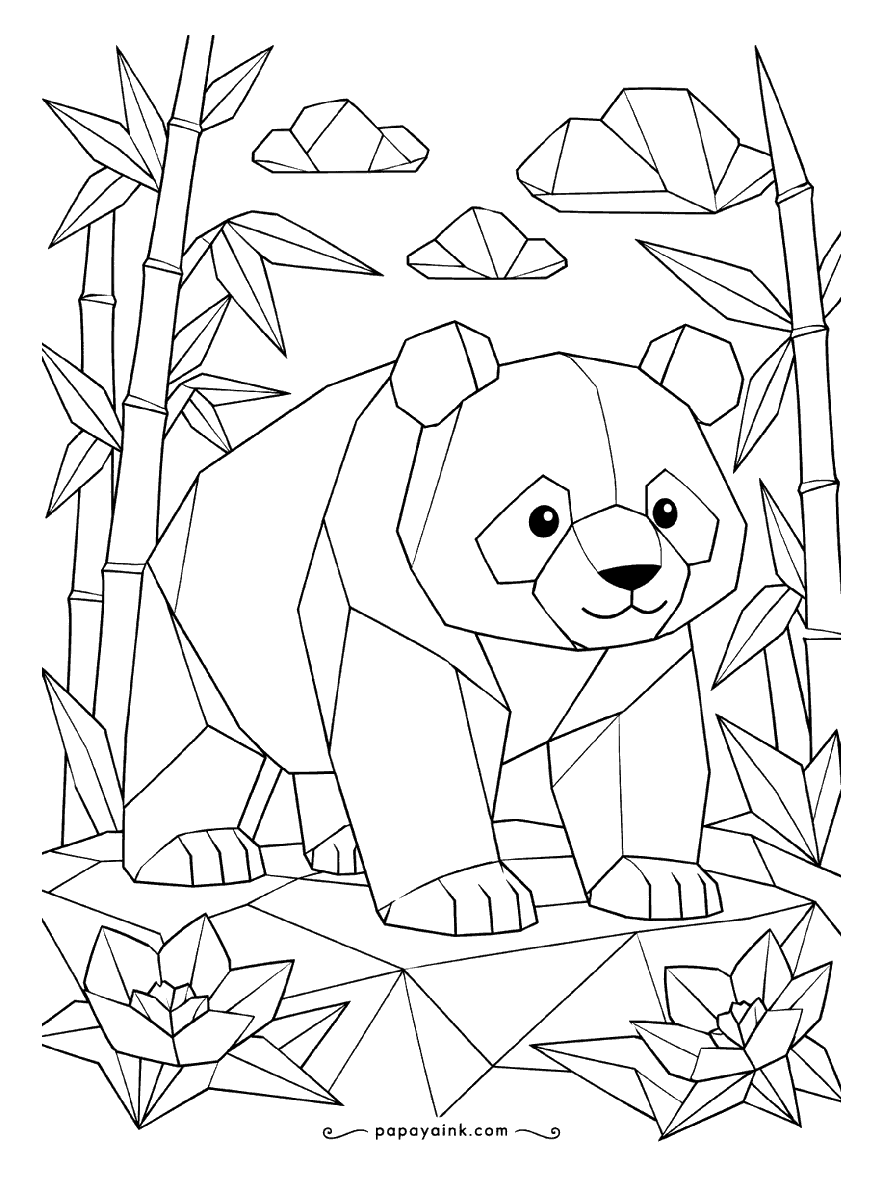 Panda Coloring Pages - Folded from paper right down to the clouds and the bamboo: an origami panda standing on a paper rock. Tint one side of each fold lighter than the other and the creases will pop.