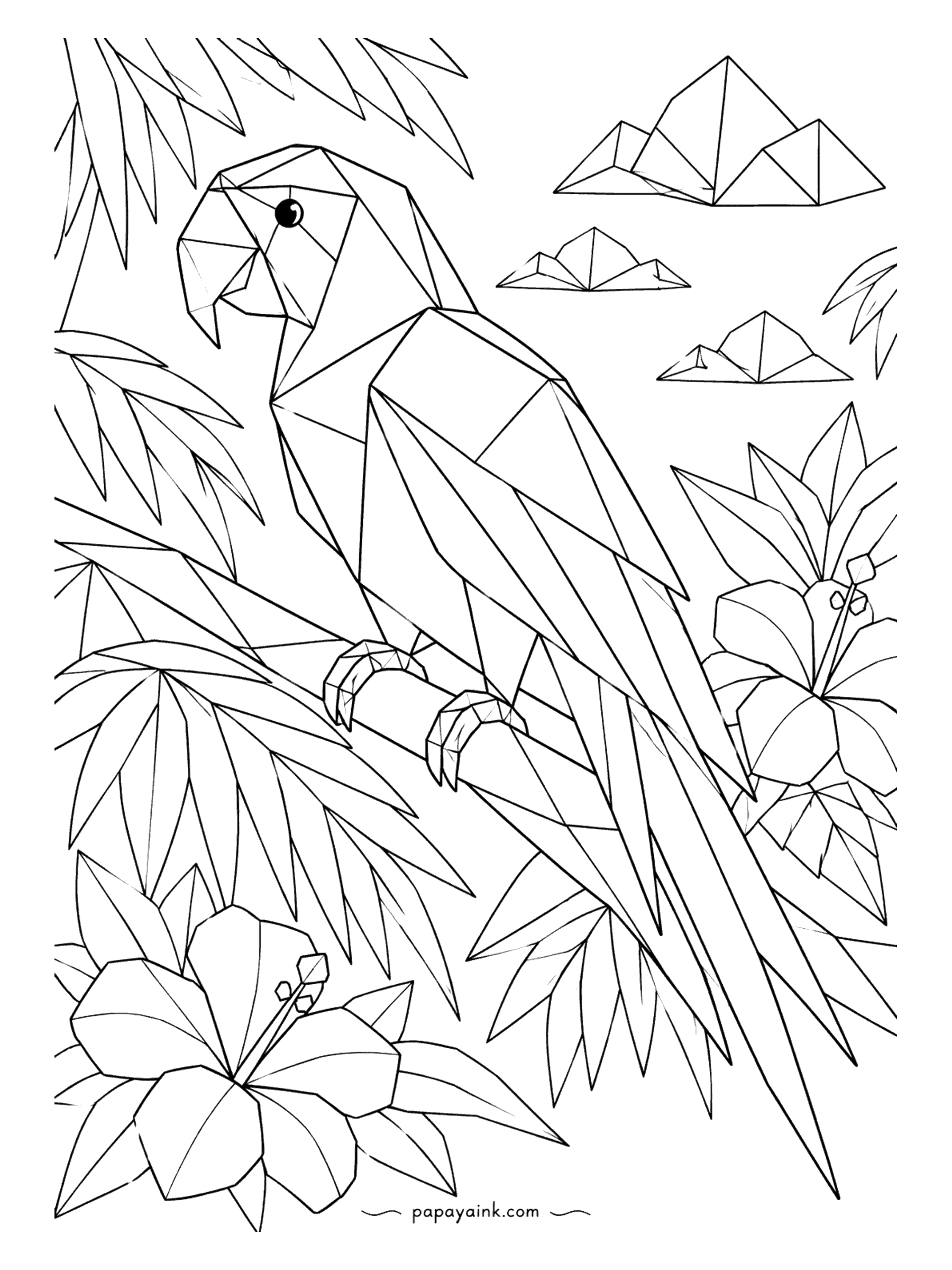Parrot Coloring Pages - An origami parrot on a branch, creases drawn as straight folds, with hibiscus and distant paper mountains. Flat colors only, no shading - and let a few facets stay white, like a fold catching the light.