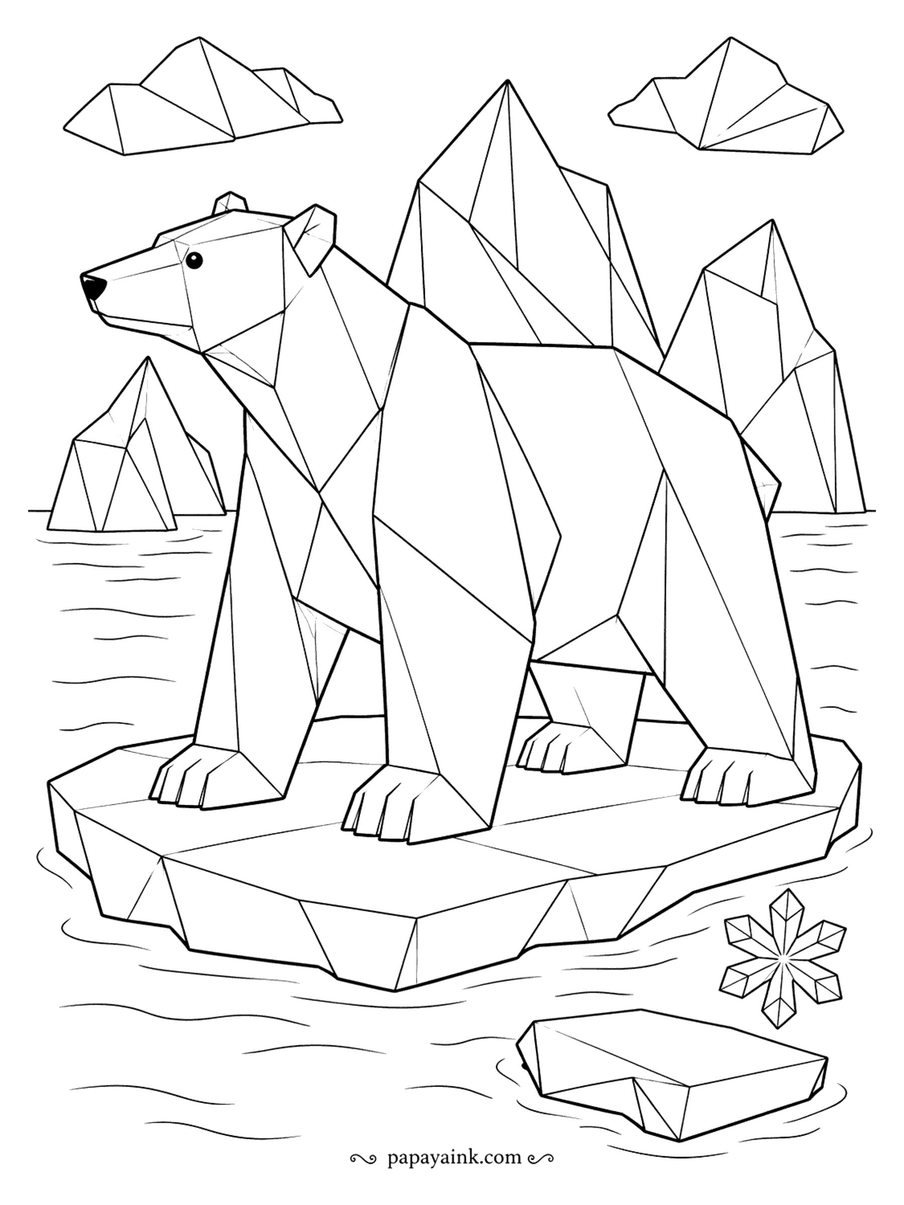 Polar Bear Coloring Pages - Folded from a single sheet, this paper bear stands on a paper floe among paper icebergs, and even the snowflake in the corner is creased. Shade each facet a slightly different tone of one color to make the folds pop.